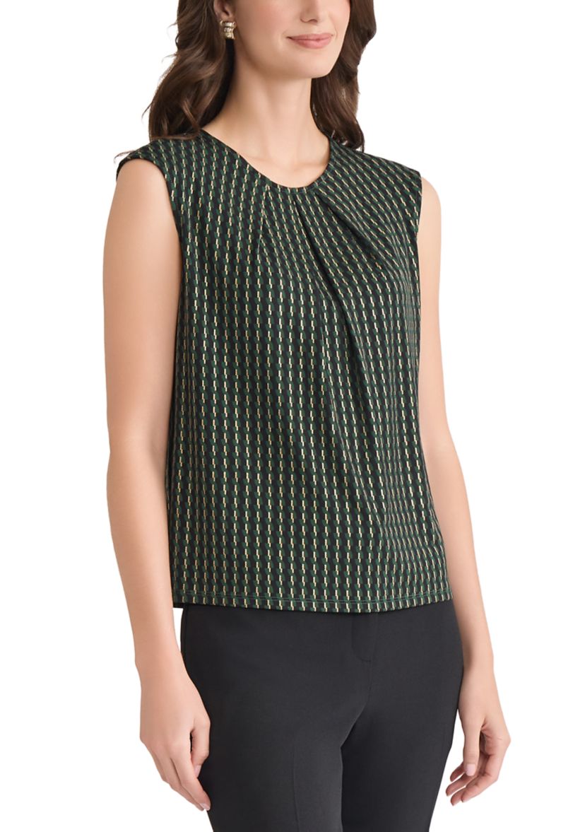 Petite Foil Print Pleat Neck Knit Top