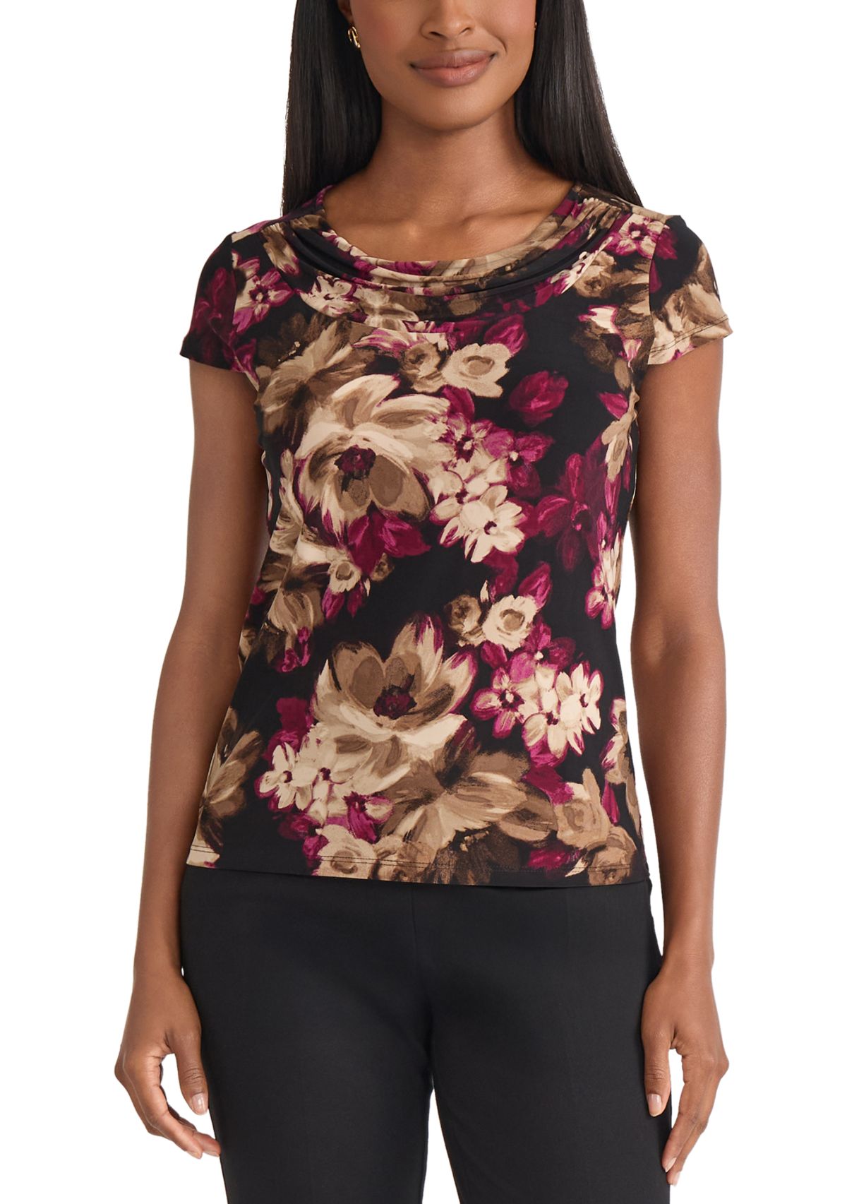 Womens Floral Print Cowl Neck Knit Top 