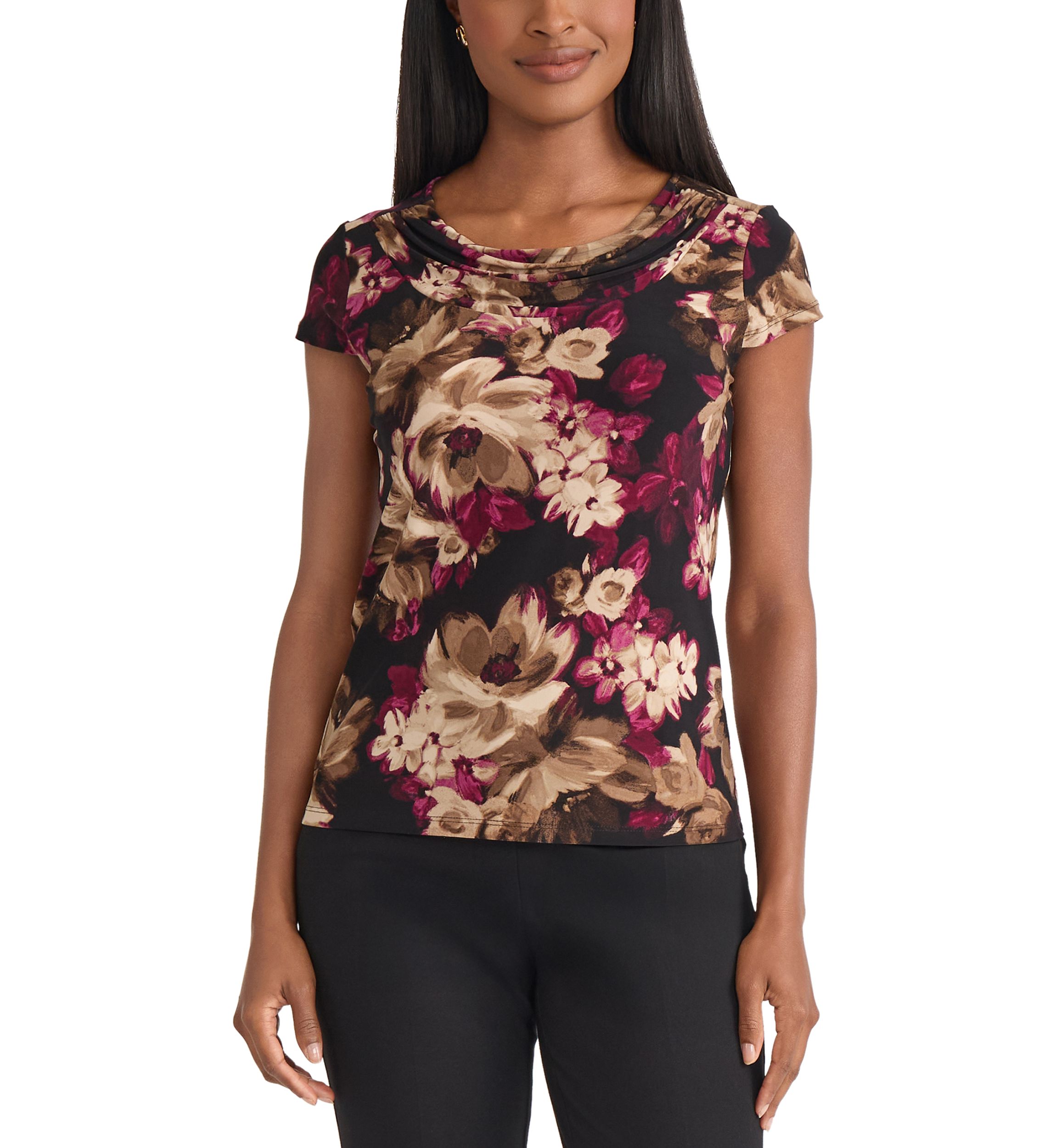 Womens Floral Print Cowl Neck Knit Top 