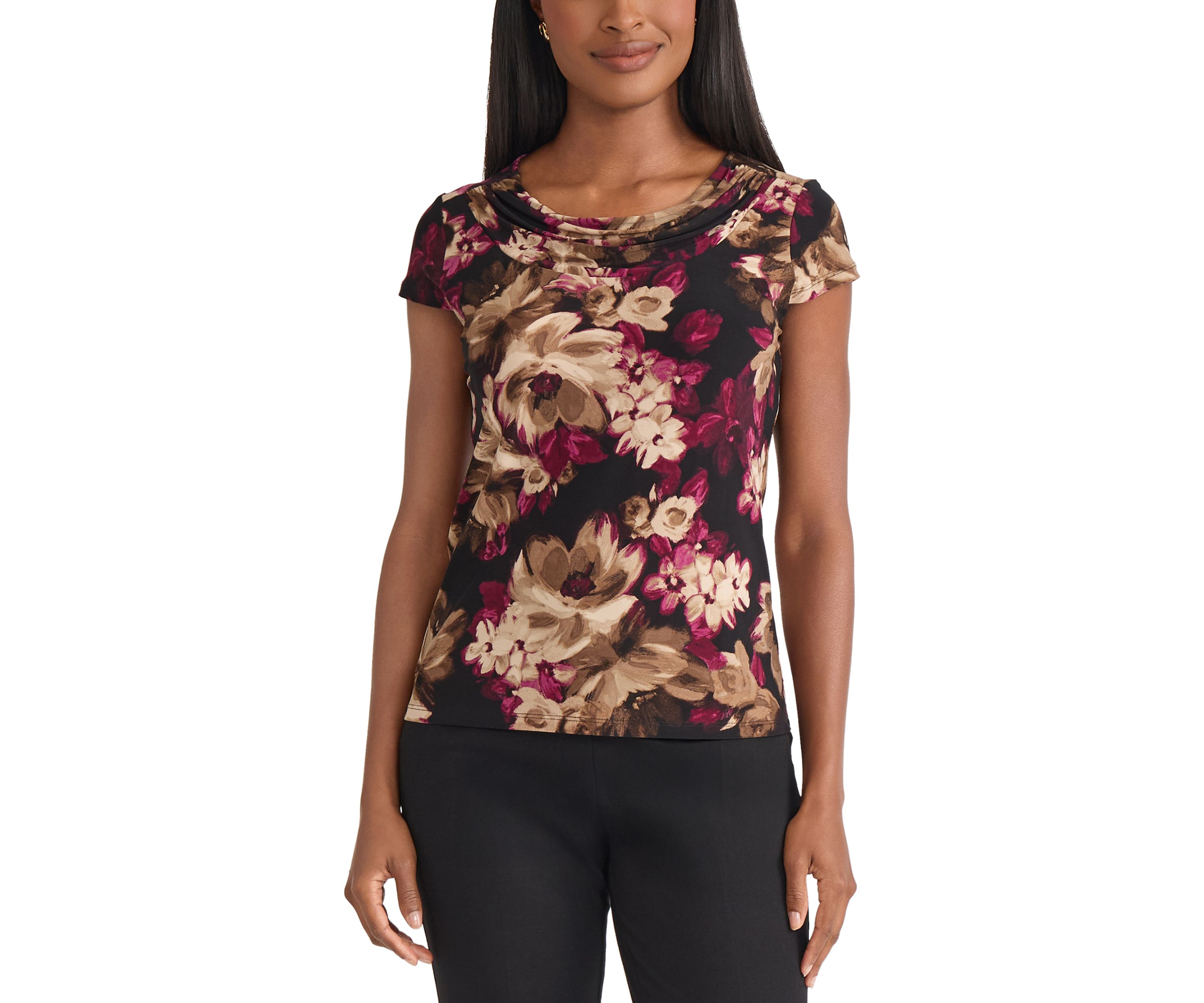 Womens Floral Print Cowl Neck Knit Top 