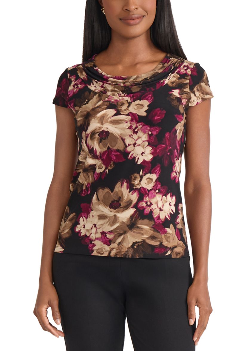 Womens Floral Print Cowl Neck Knit Top 