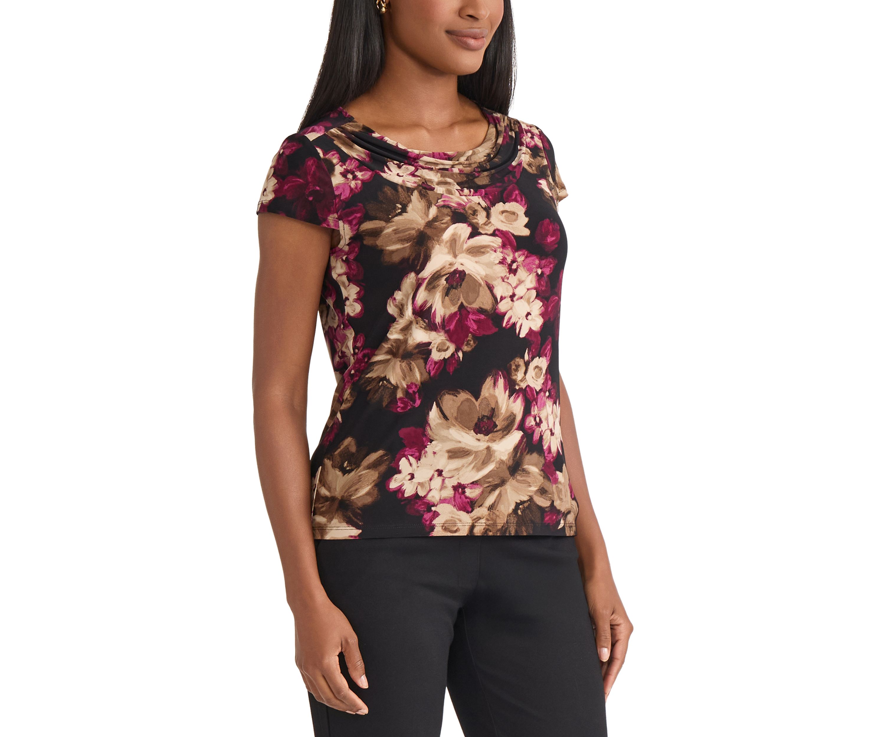 Womens Floral Print Cowl Neck Knit Top 