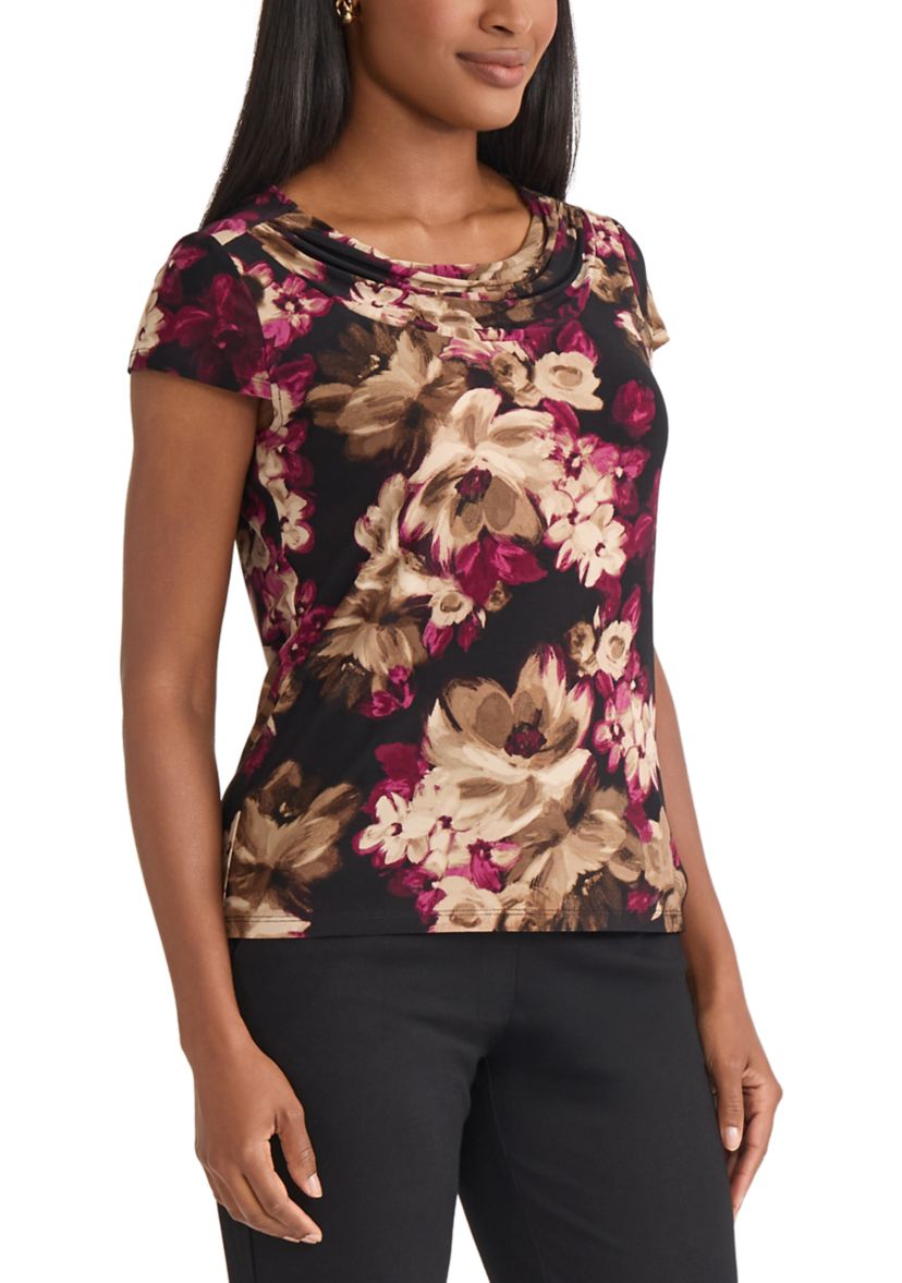 Womens Floral Print Cowl Neck Knit Top 