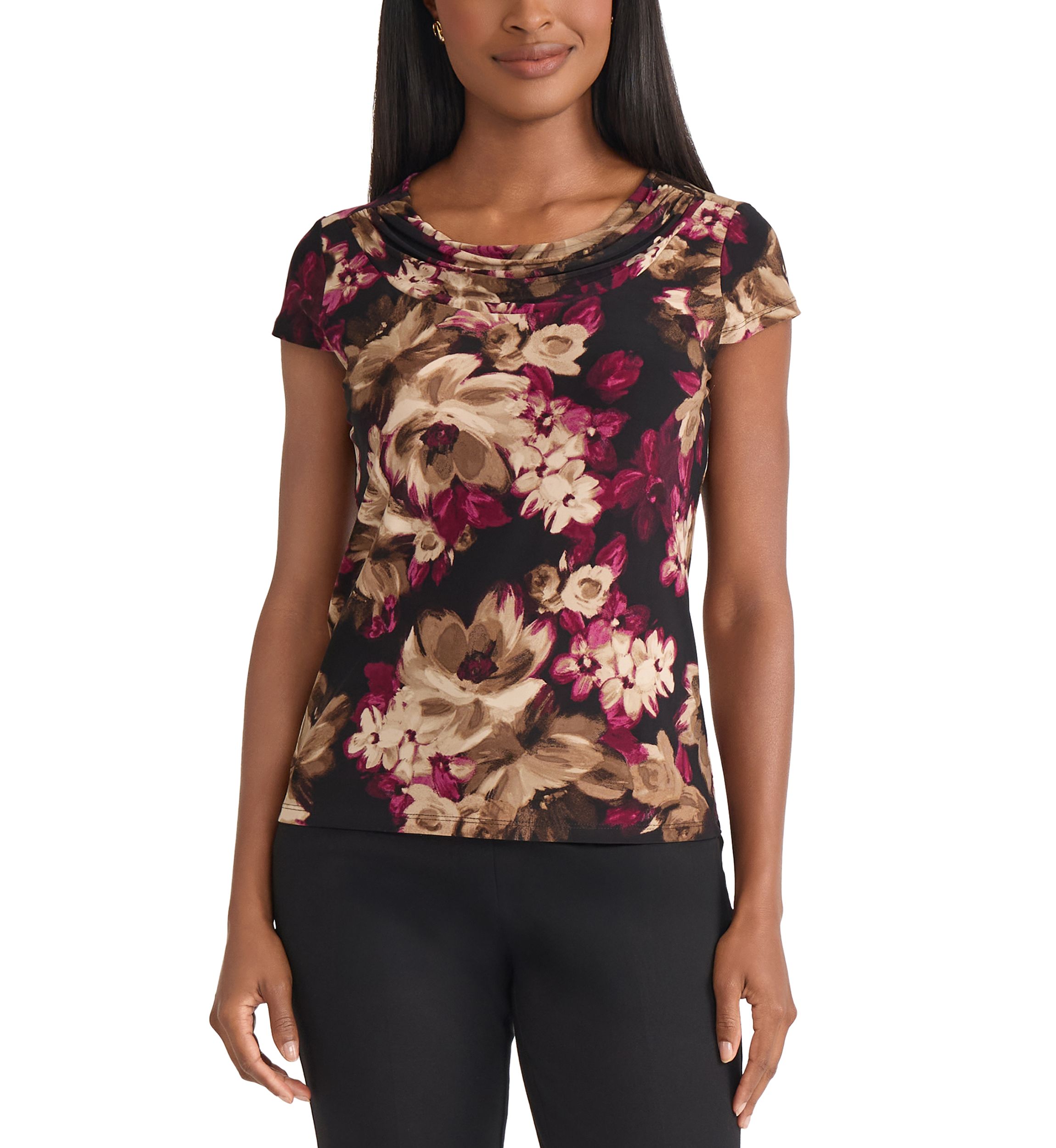 Petite Floral Print Cowl Neck Knit Top 