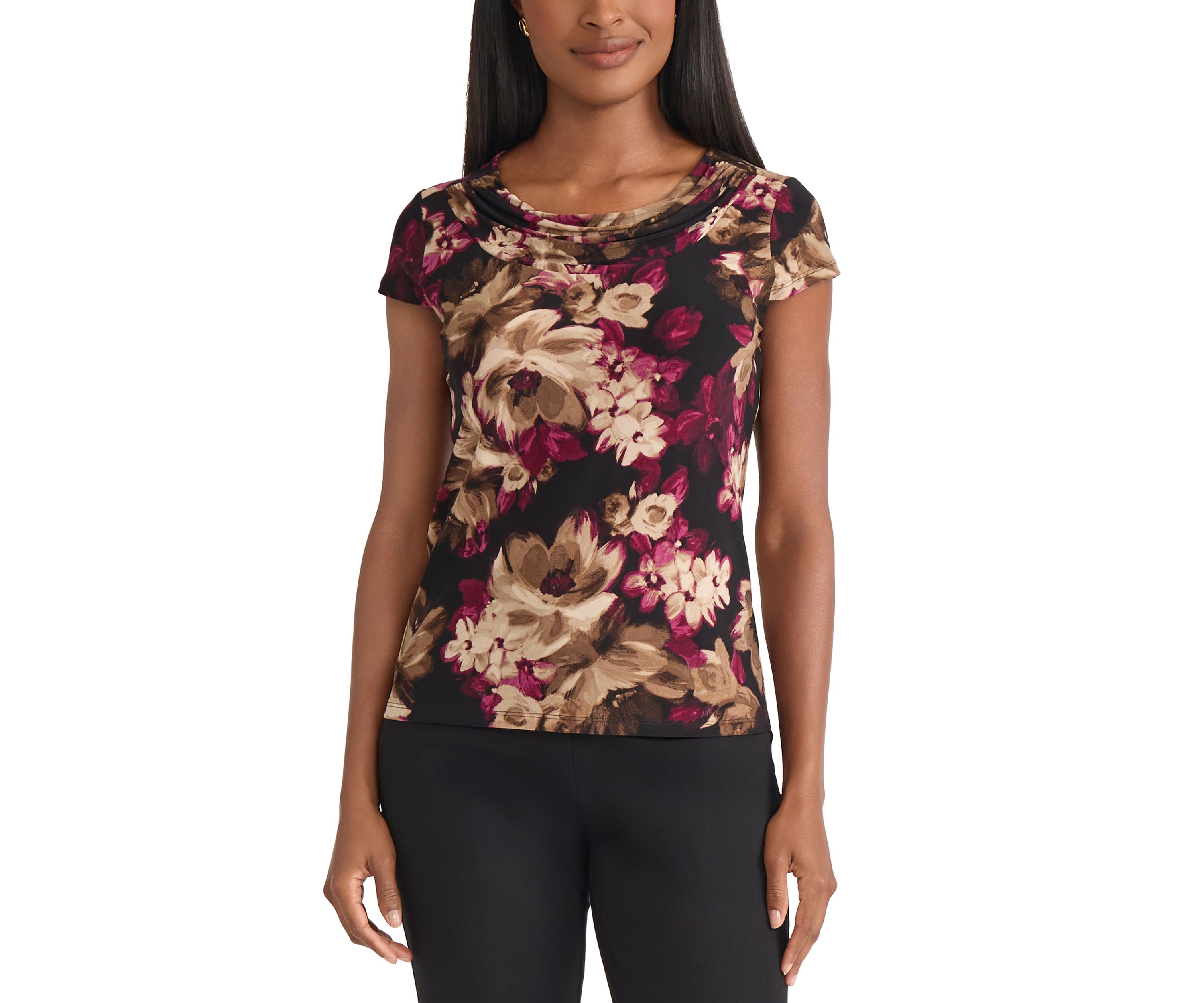 Petite Floral Print Cowl Neck Knit Top 