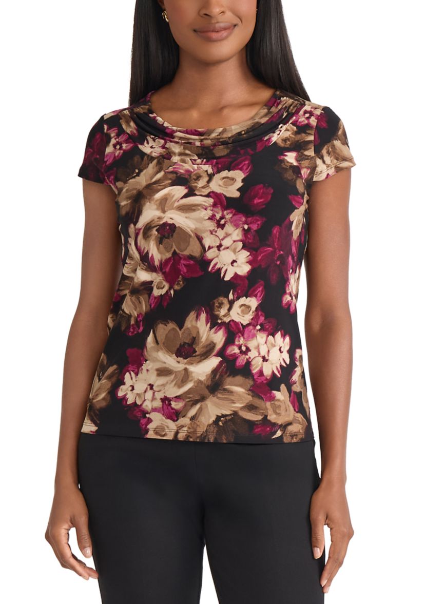 Petite Floral Print Cowl Neck Knit Top 