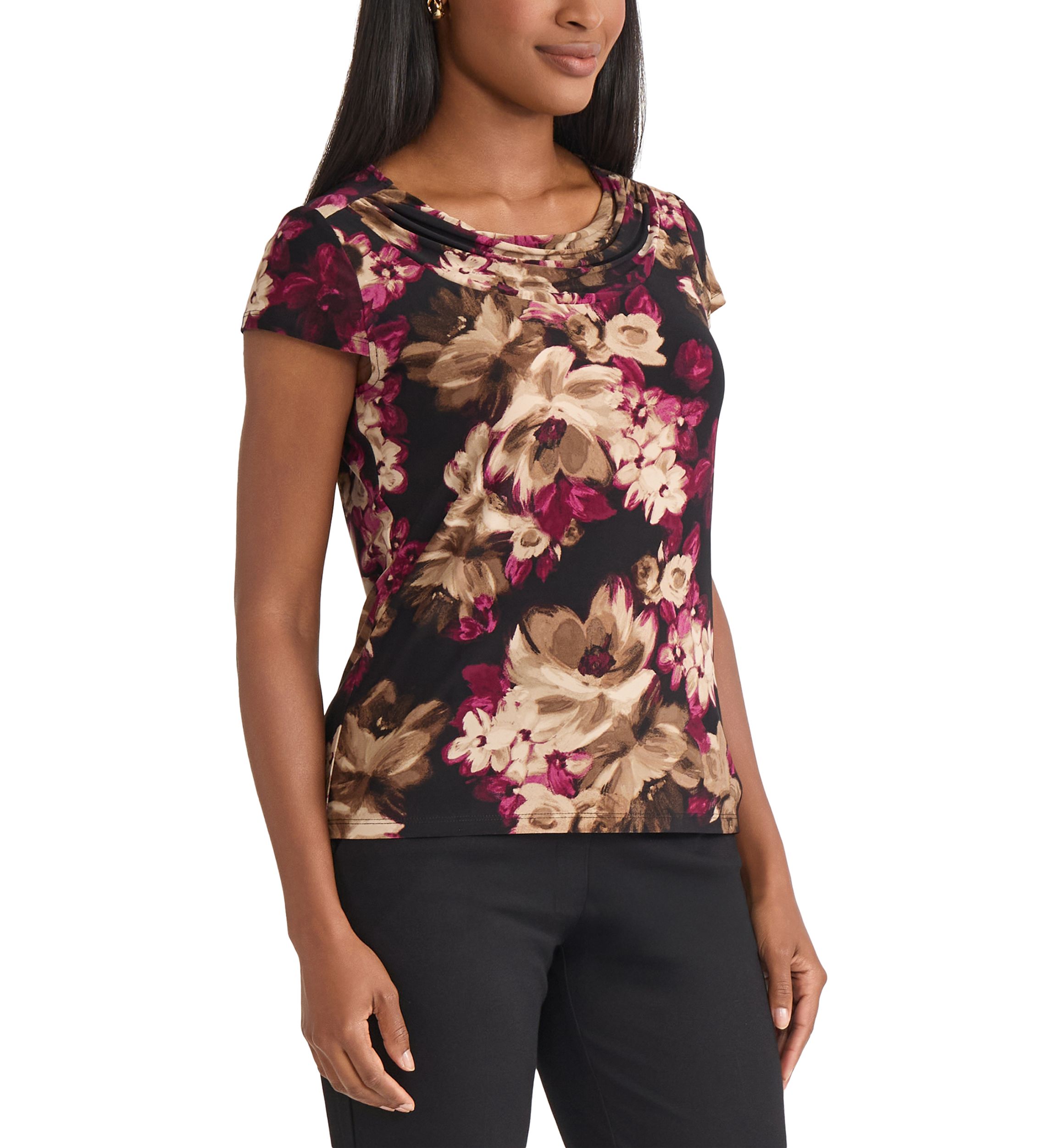Petite Floral Print Cowl Neck Knit Top 