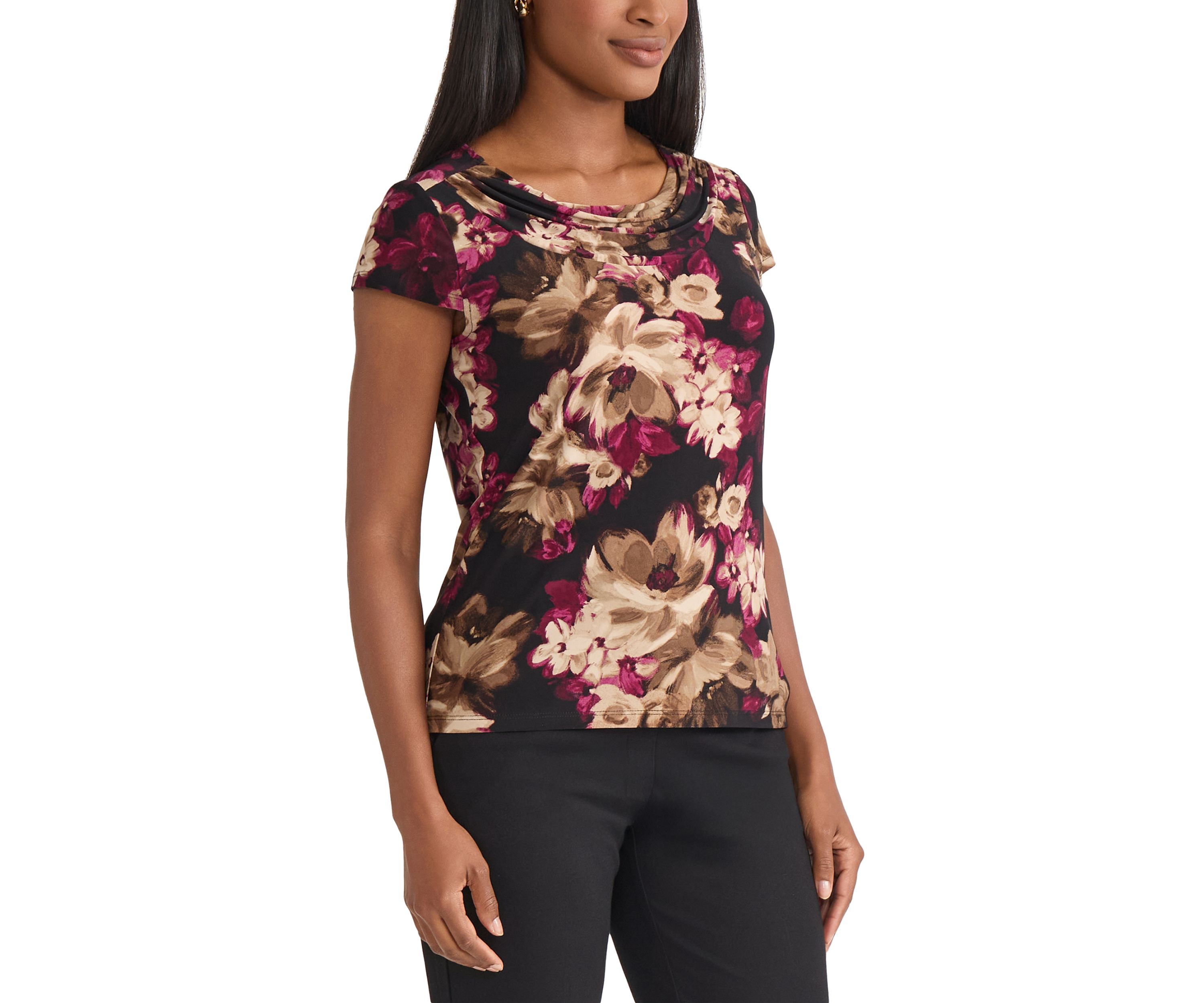 Petite Floral Print Cowl Neck Knit Top 