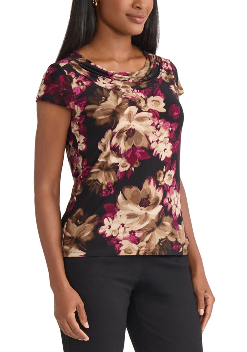 Petite Floral Print Cowl Neck Knit Top 