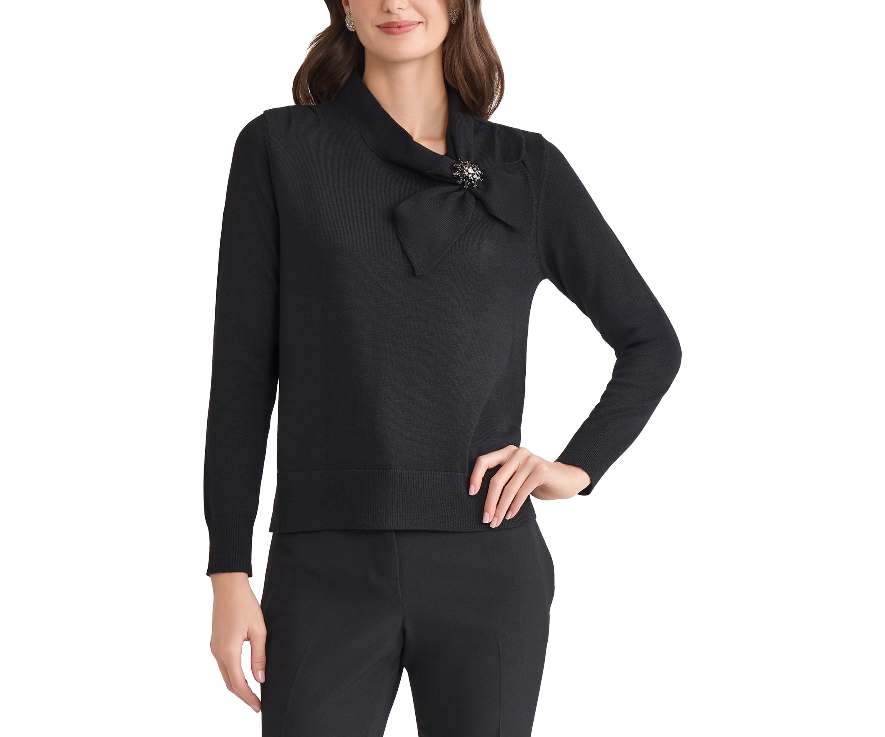 Womens Tie Neck Sweater with Brooch 