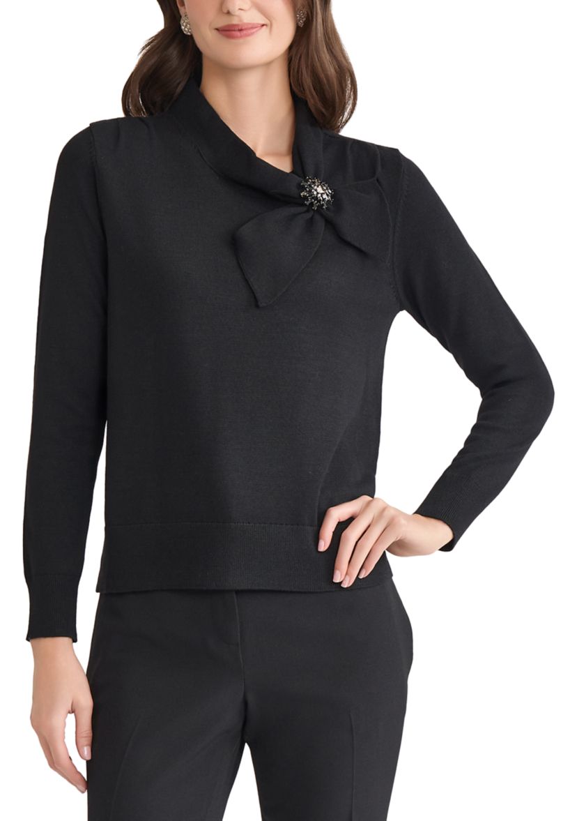 Womens Tie Neck Sweater with Brooch 