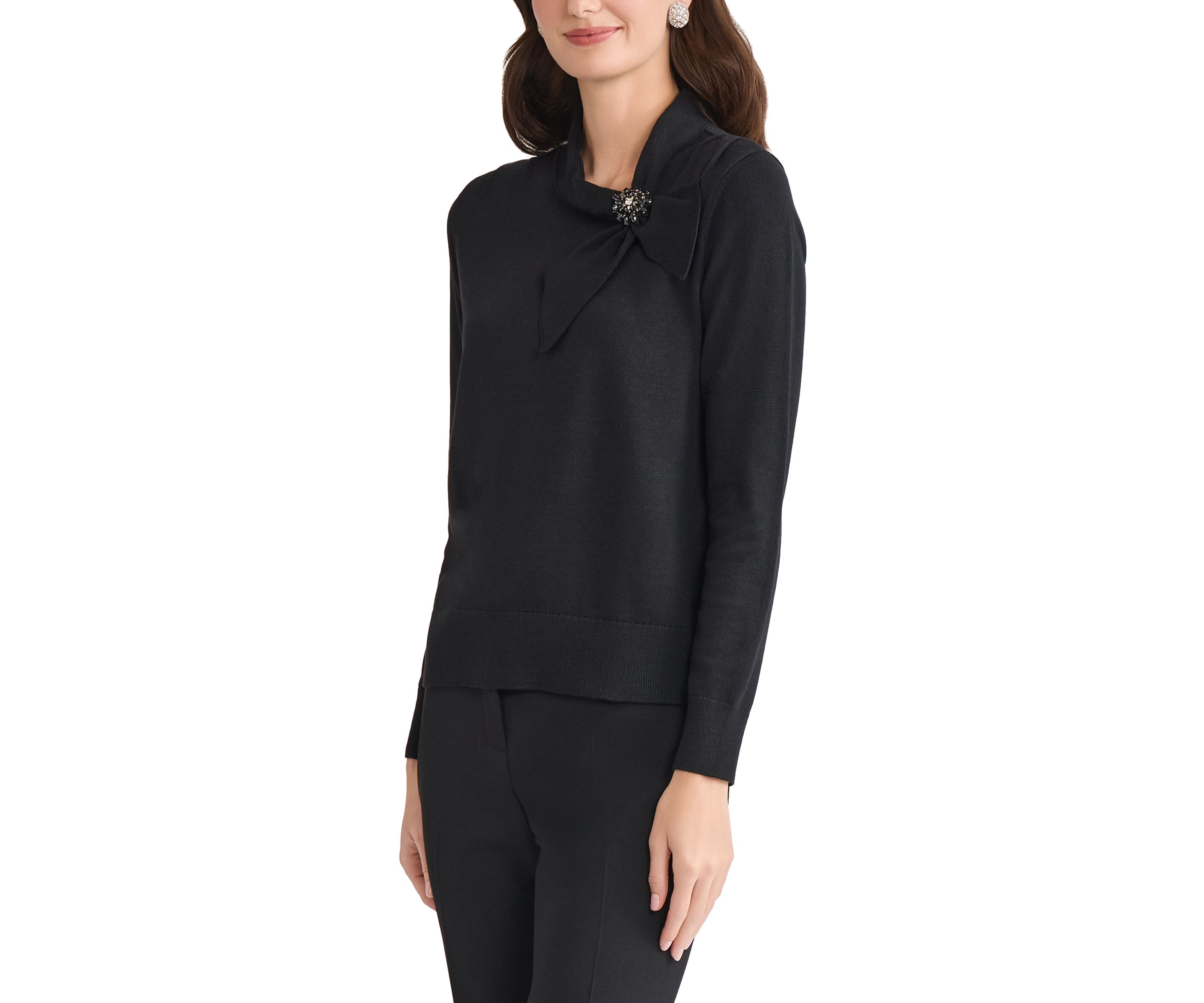 Womens Tie Neck Sweater with Brooch 