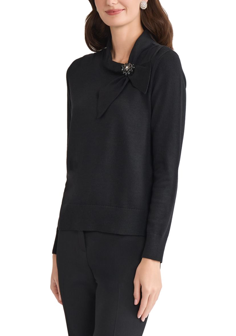 Womens Tie Neck Sweater with Brooch 