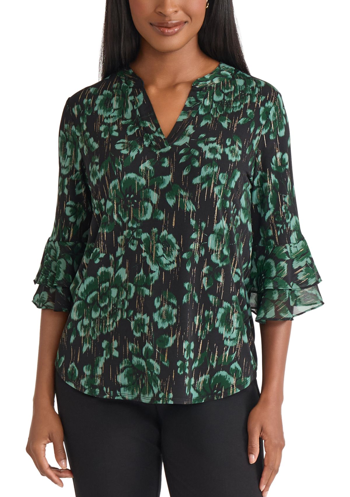 Womens Floral Print Mixed Media Knit Top