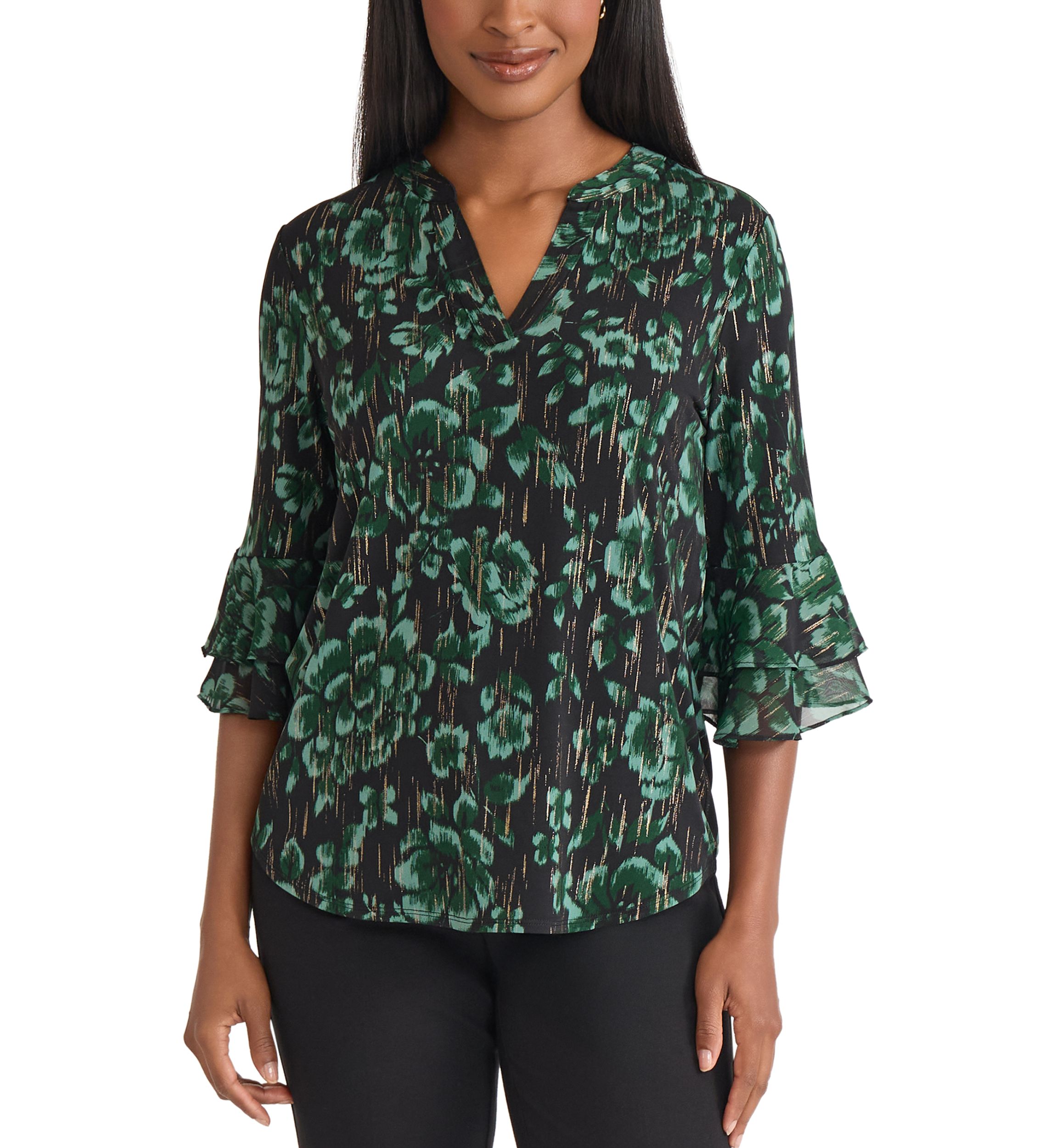Womens Floral Print Mixed Media Knit Top