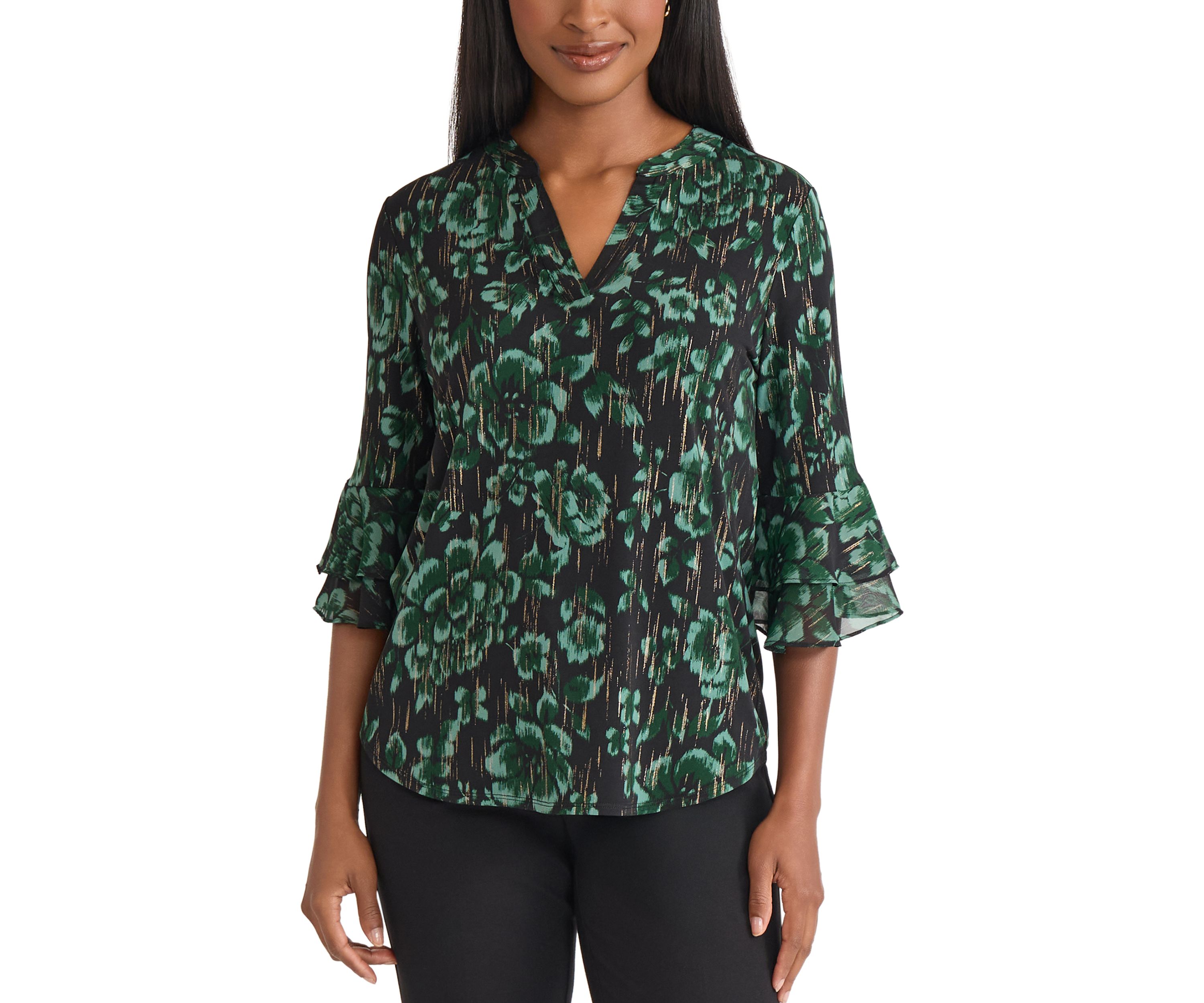 Womens Floral Print Mixed Media Knit Top