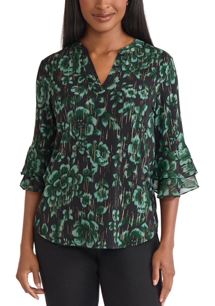 Womens Floral Print Mixed Media Knit Top