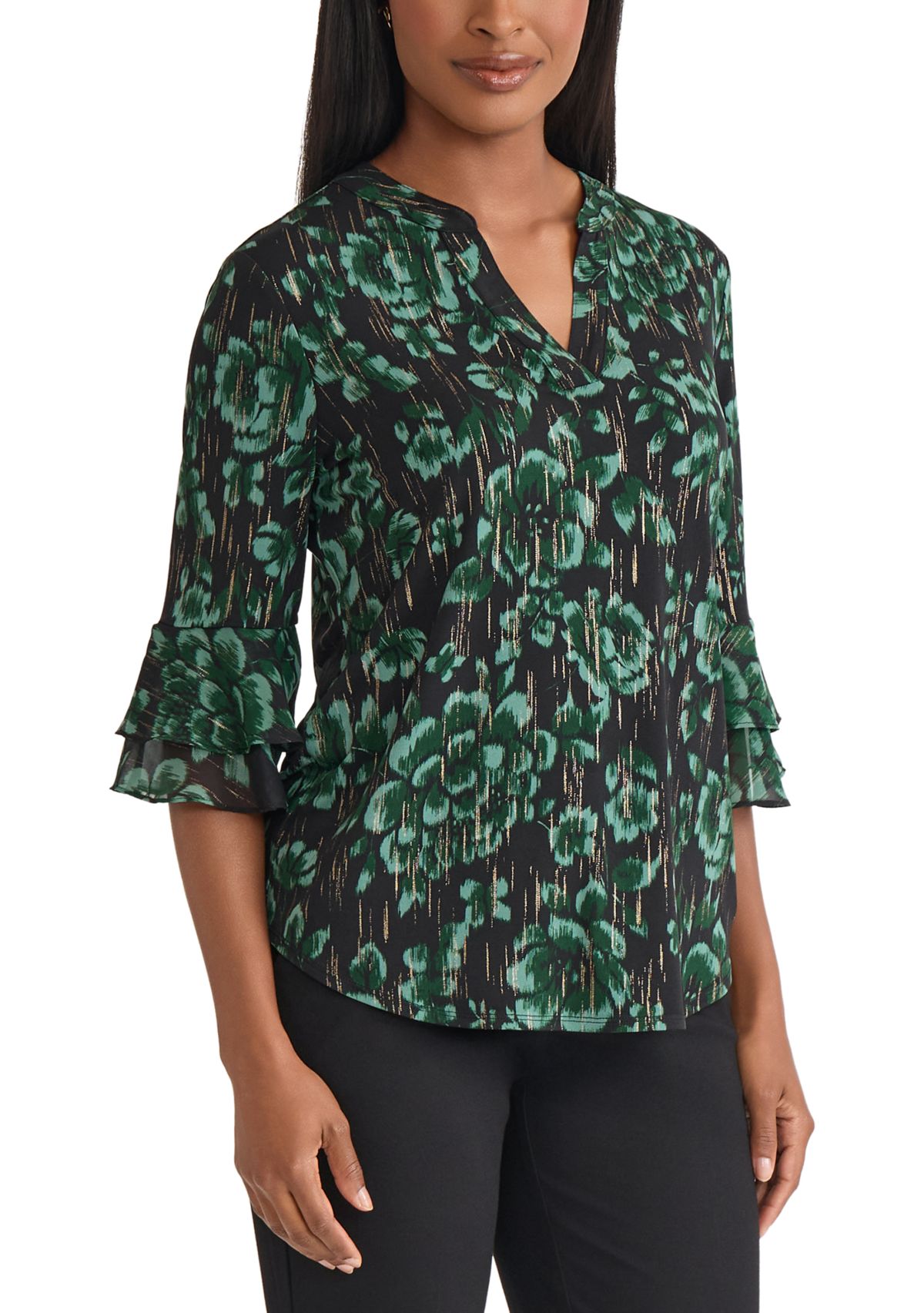 Womens Floral Print Mixed Media Knit Top