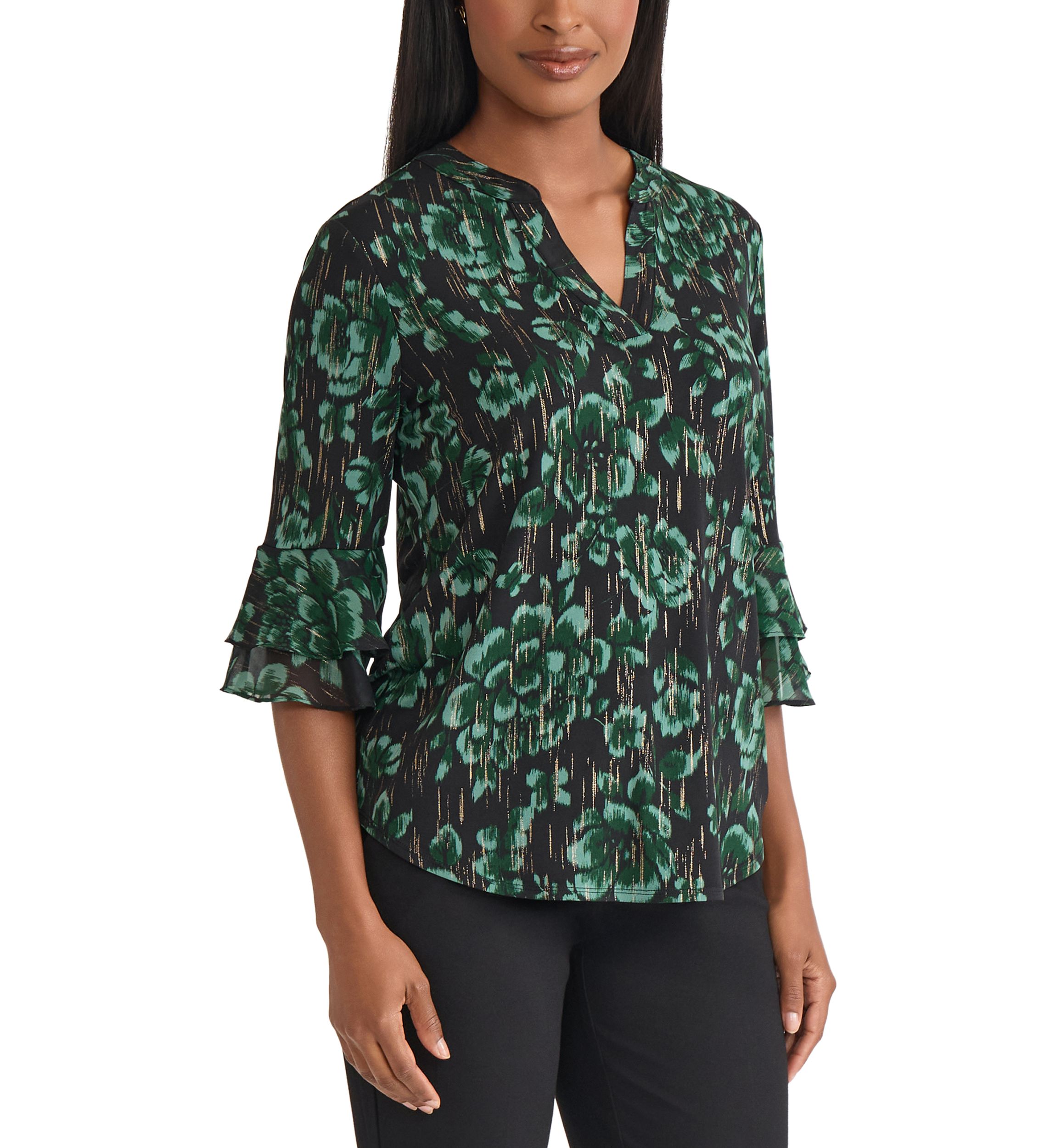 Womens Floral Print Mixed Media Knit Top