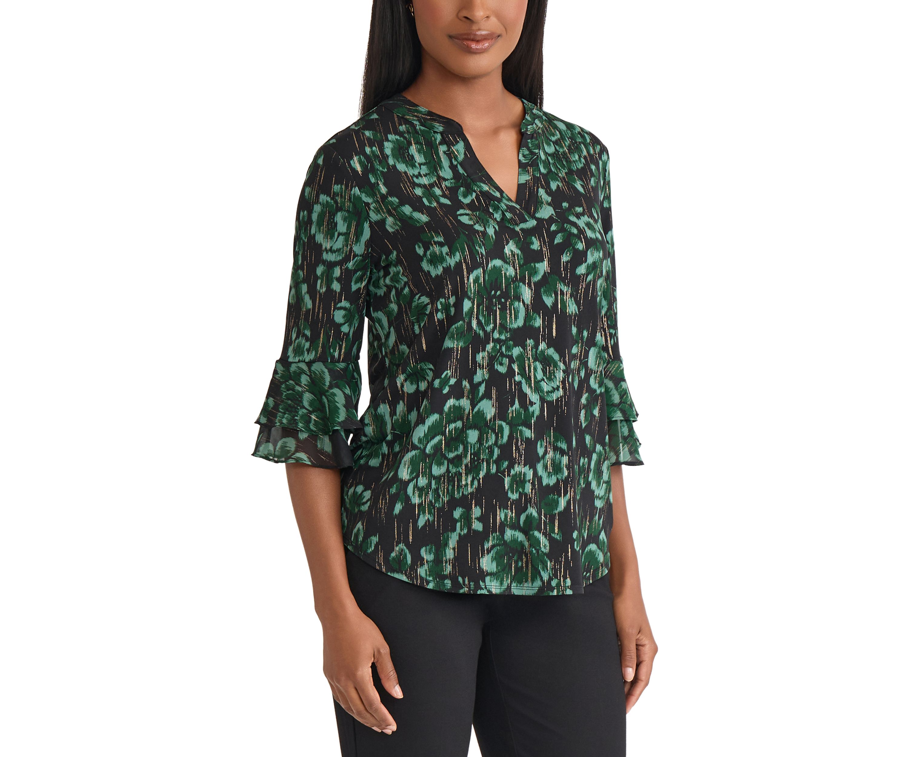 Womens Floral Print Mixed Media Knit Top