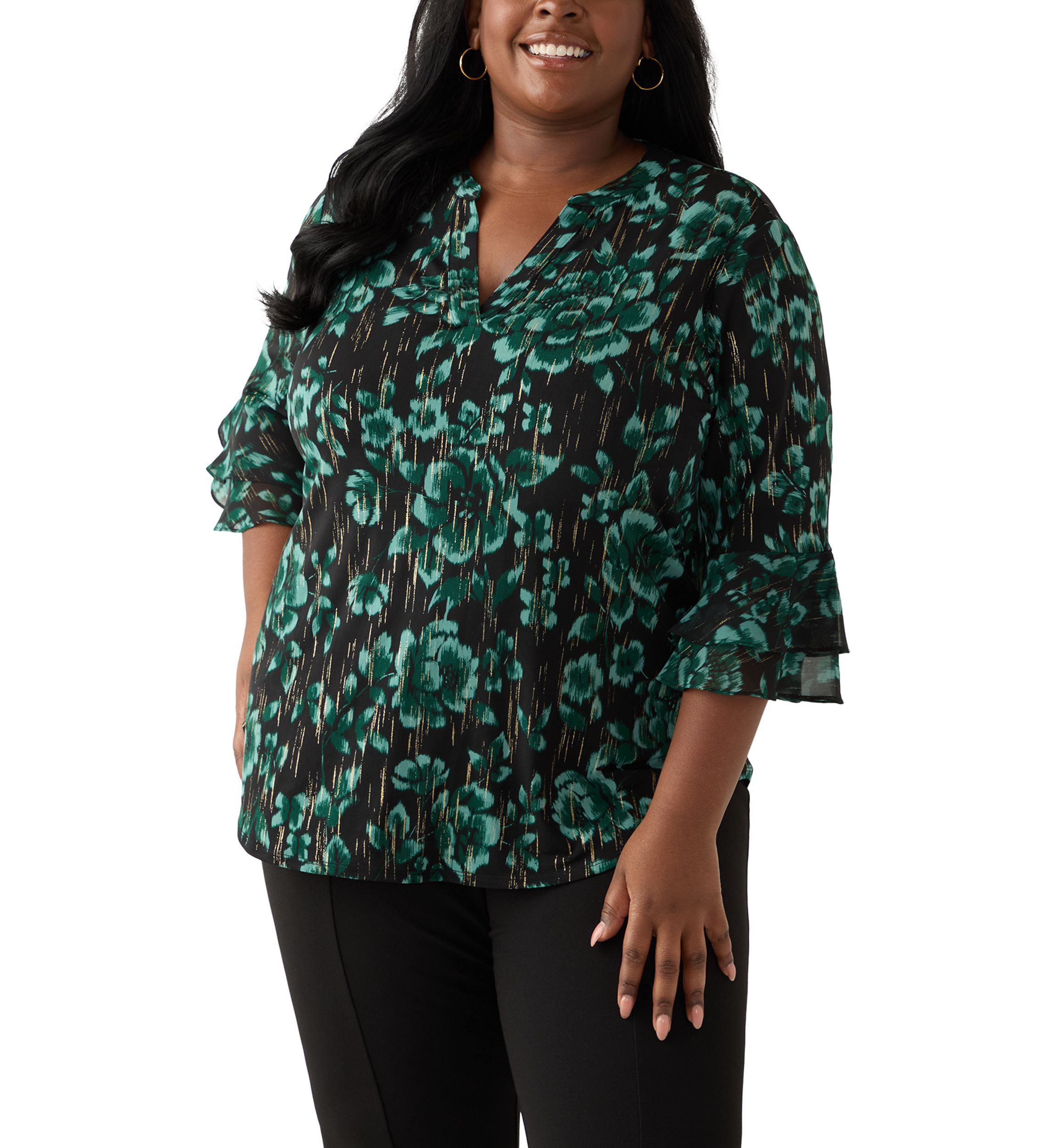 Plus Size Floral Print Mixed Media Knit Top