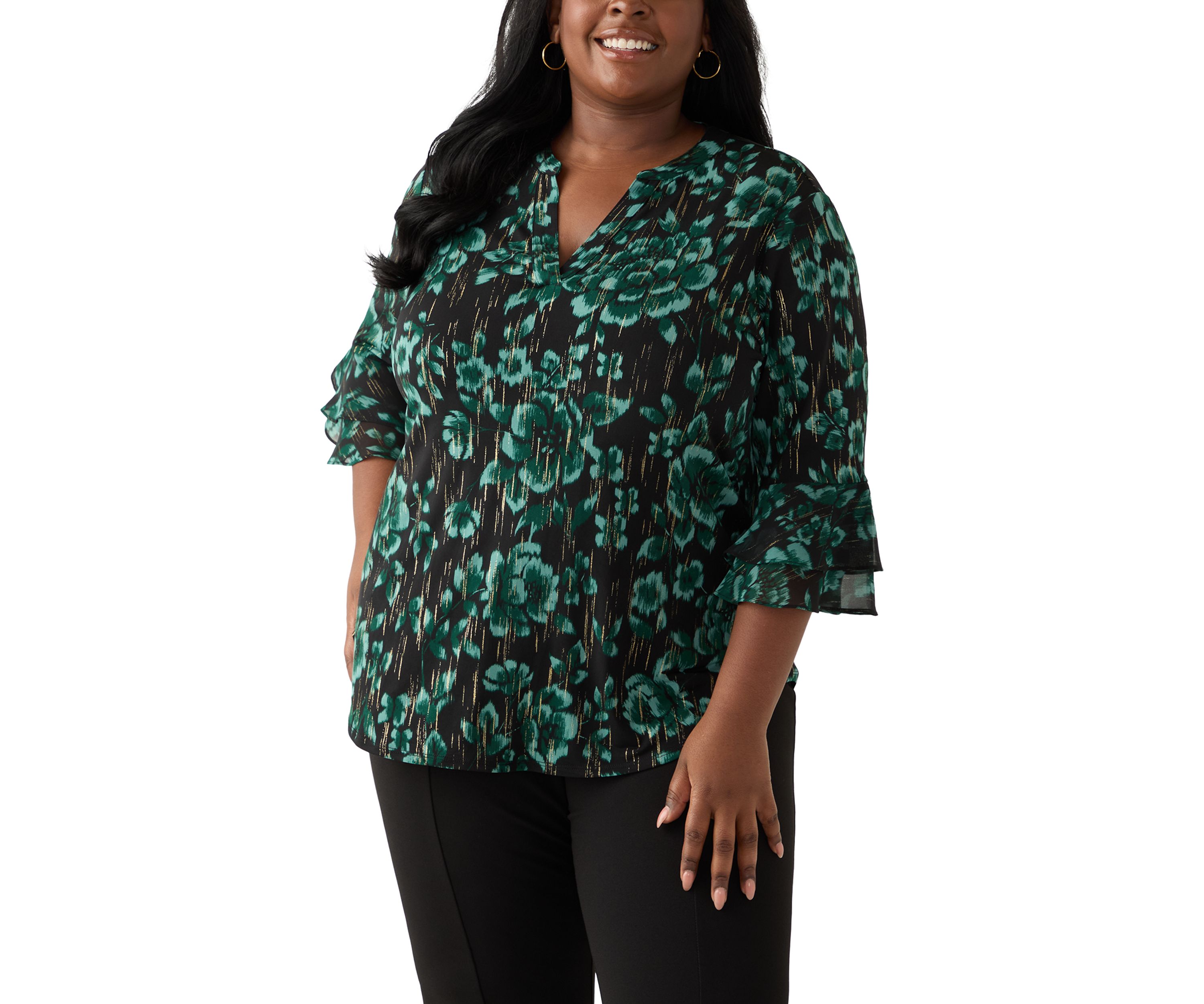 Plus Size Floral Print Mixed Media Knit Top