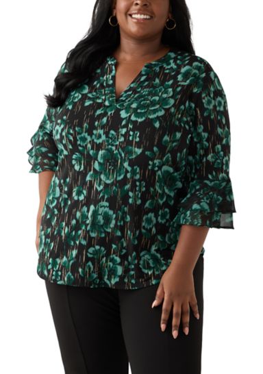 Plus Size Floral Print Mixed Media Knit Top