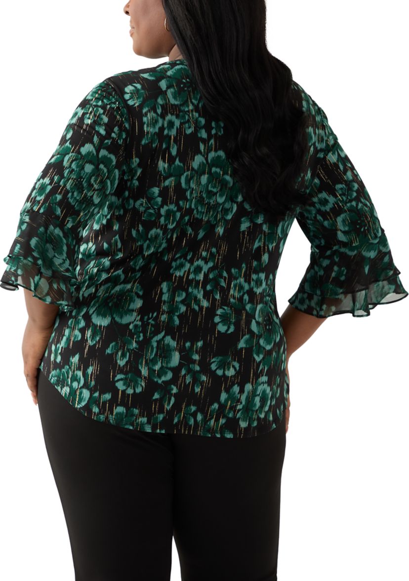 Plus Size Floral Print Mixed Media Knit Top