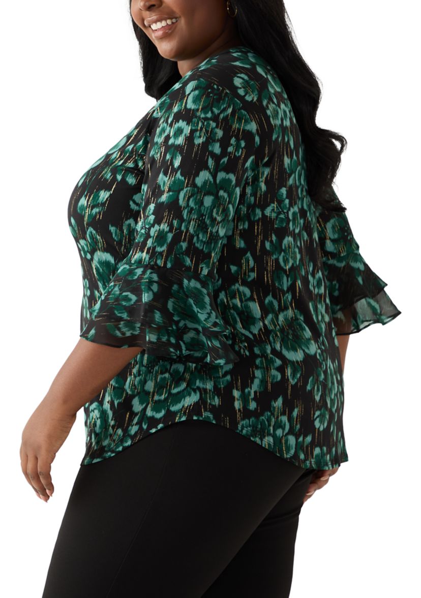 Plus Size Floral Print Mixed Media Knit Top