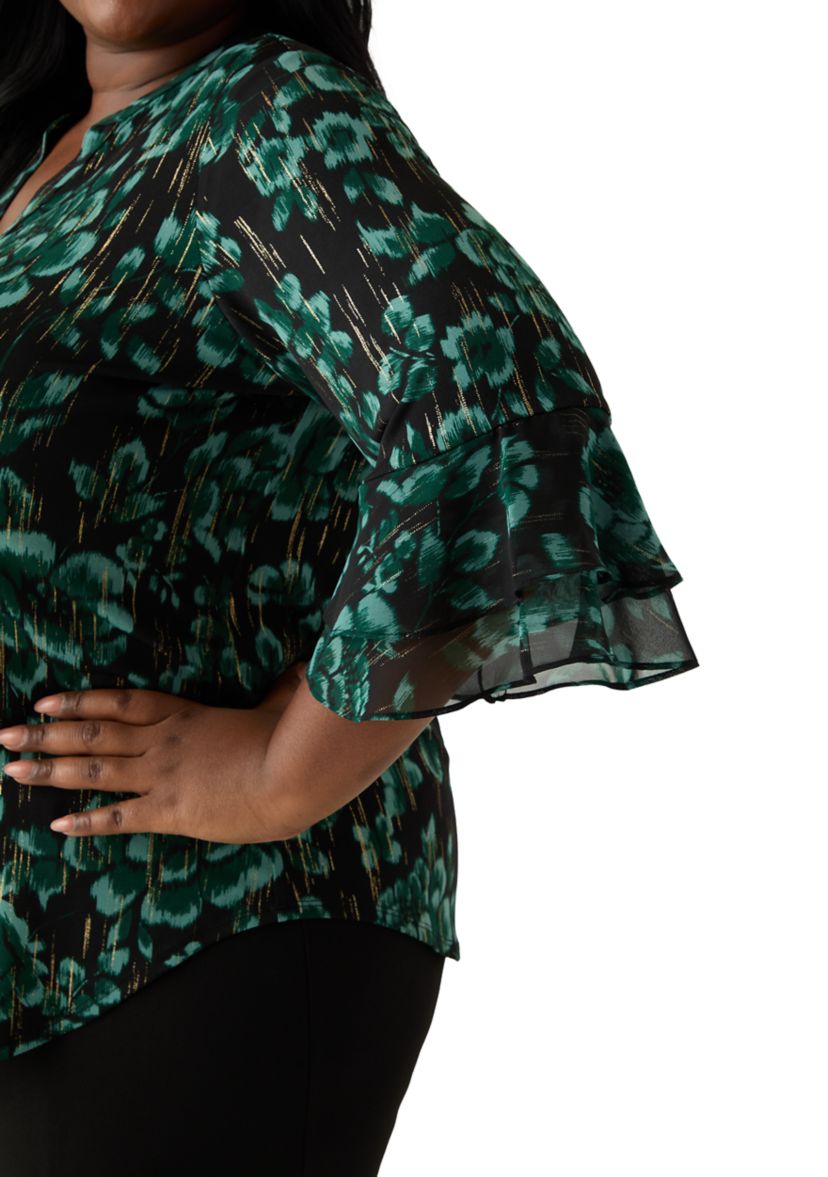 Plus Size Floral Print Mixed Media Knit Top