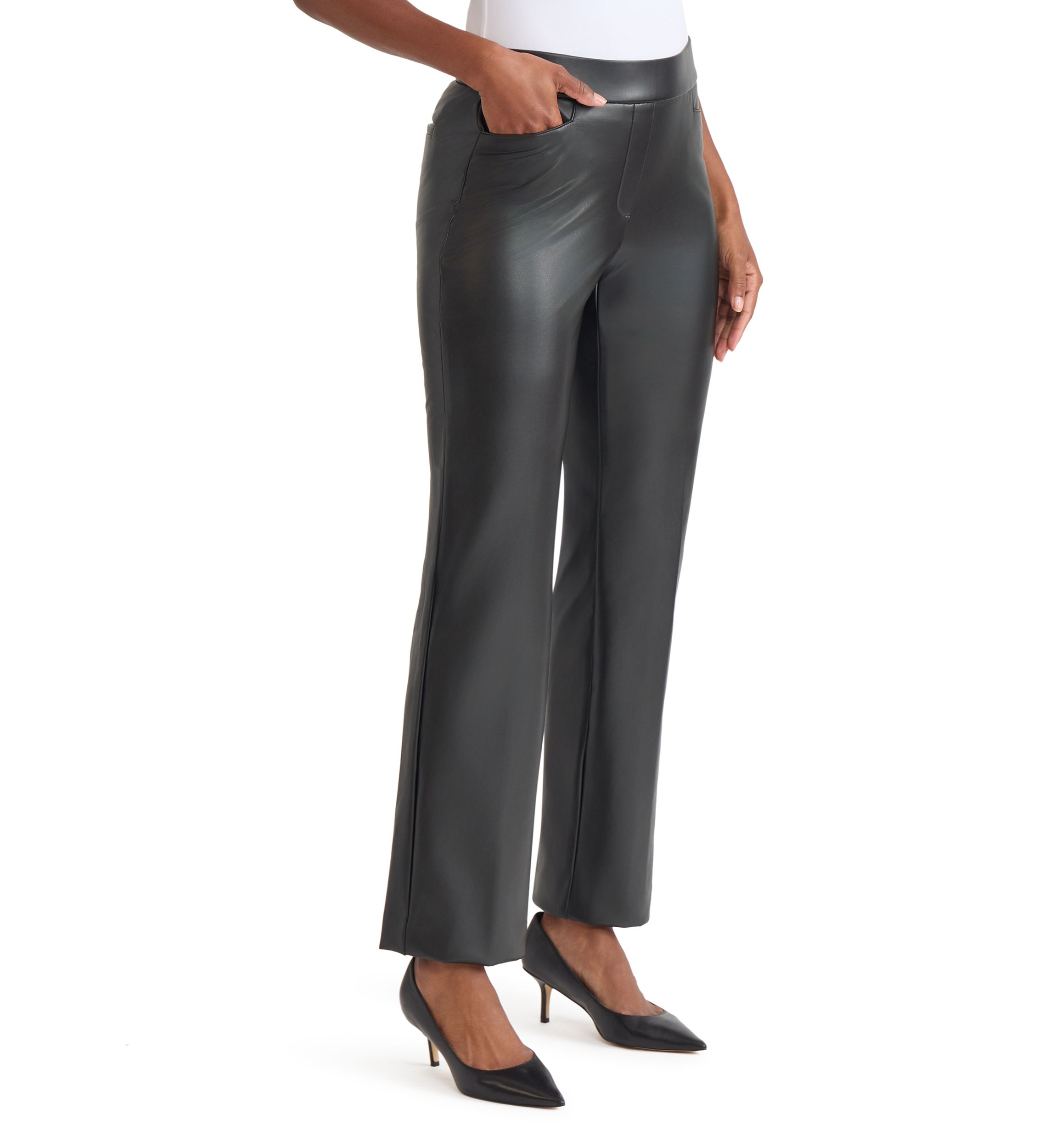 Womens Faux Leather Pull On L-Pocket Pants 