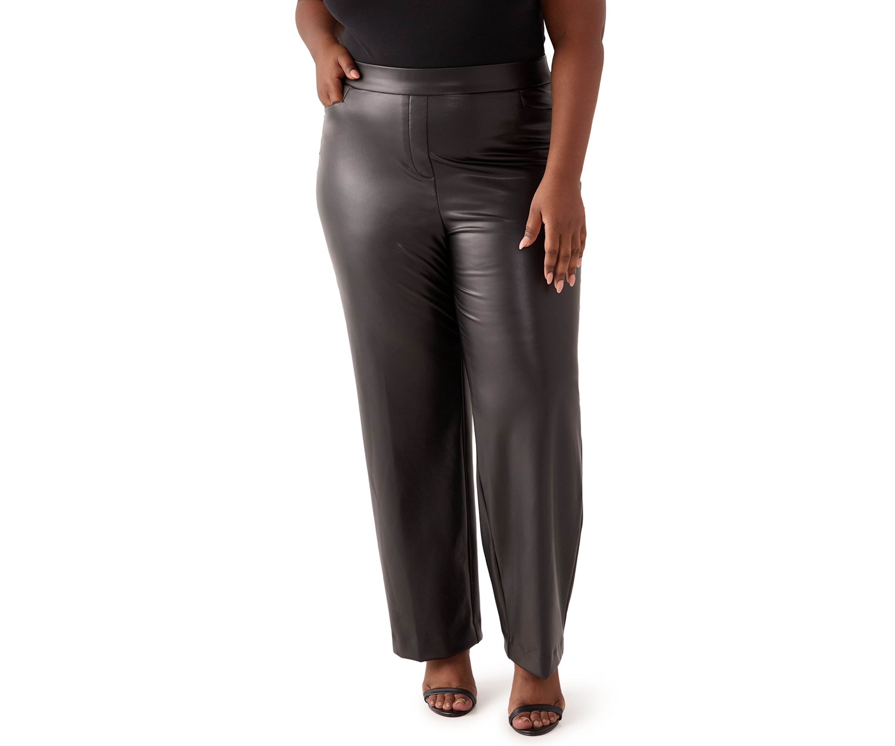 Plus Size Faux Leather Pull On L-Pocket Pants
