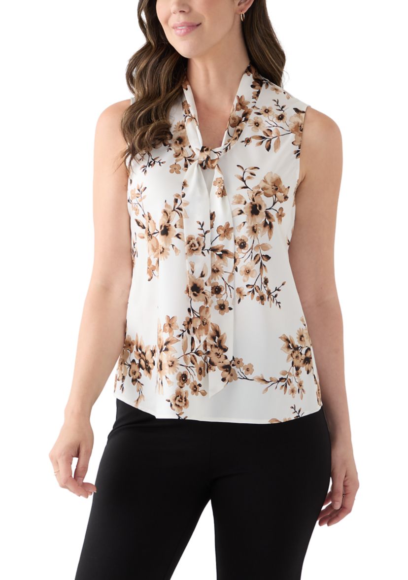 Womens Floral Print Satin Sleeveless Tie Front Blouse 