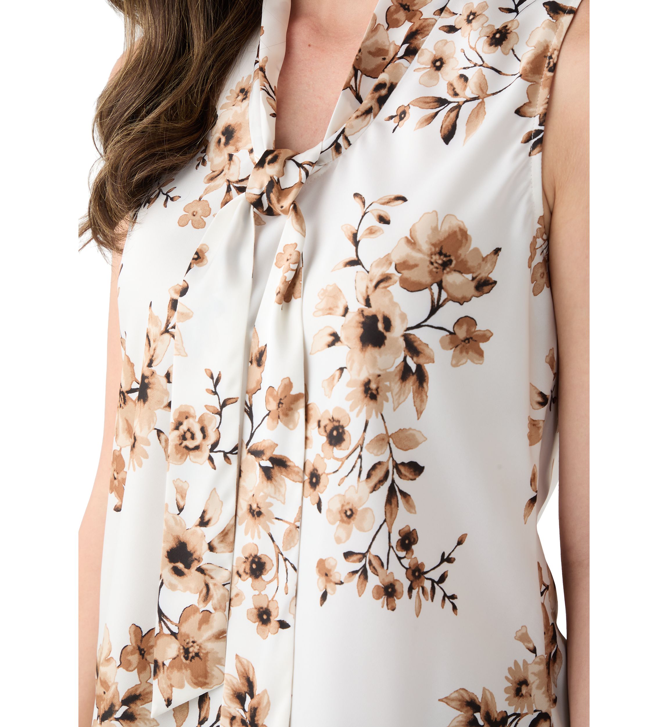 Womens Floral Print Satin Sleeveless Tie Front Blouse 