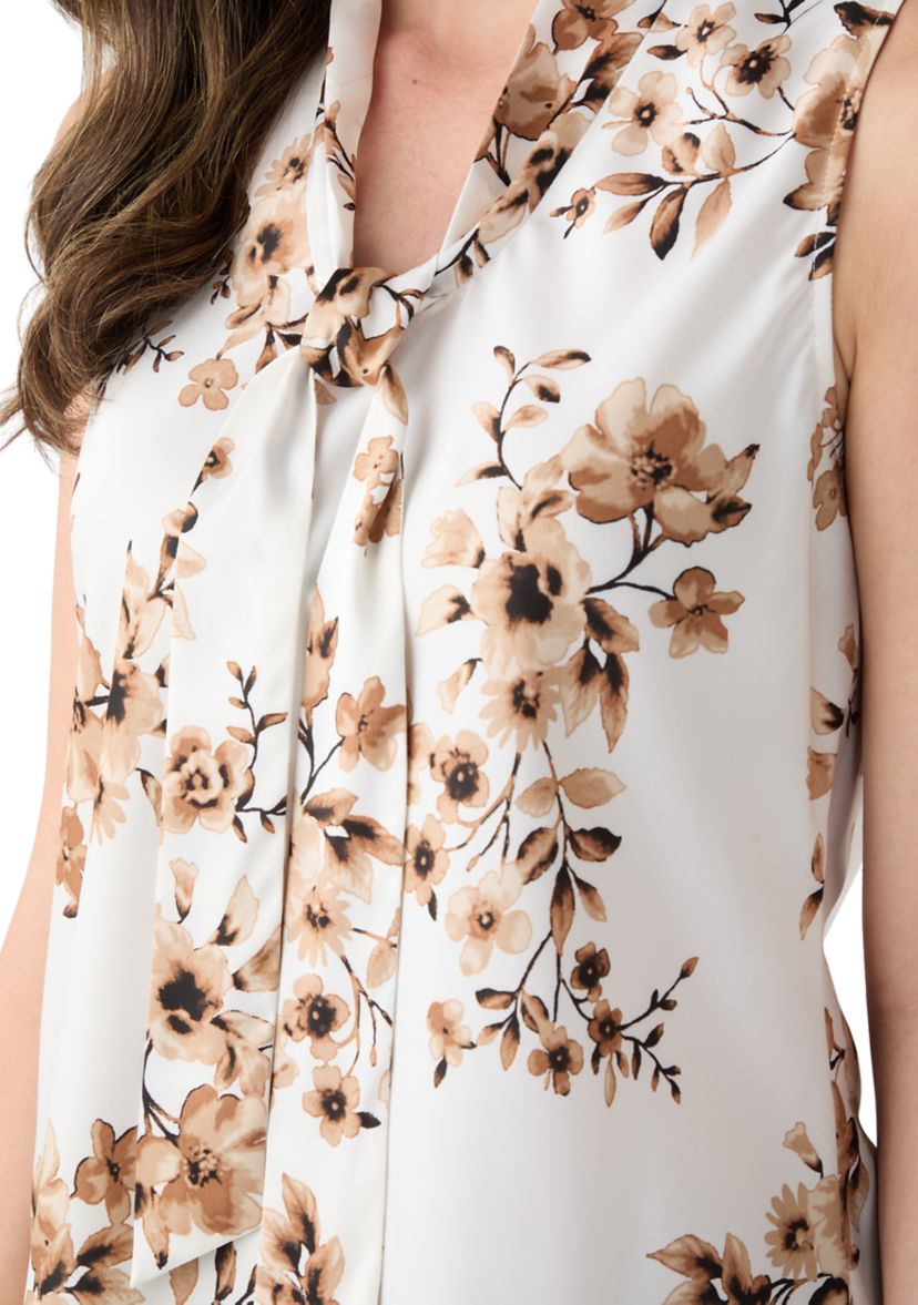 Womens Floral Print Satin Sleeveless Tie Front Blouse 