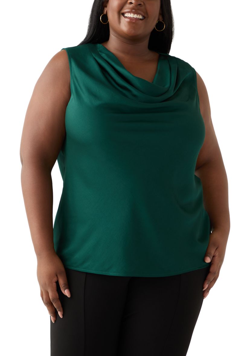 Plus Size Satin Sleeveless Drape Neck Blouse 