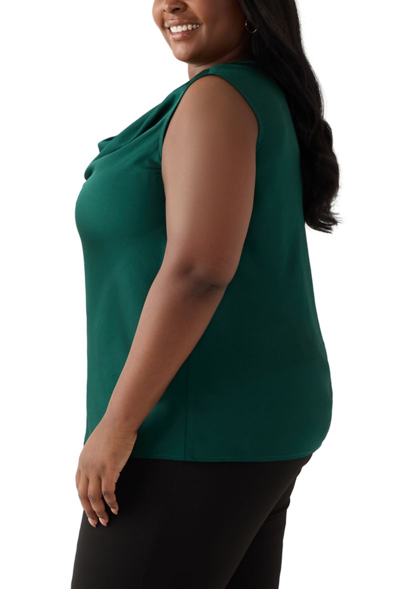 Plus Size Satin Sleeveless Drape Neck Blouse 