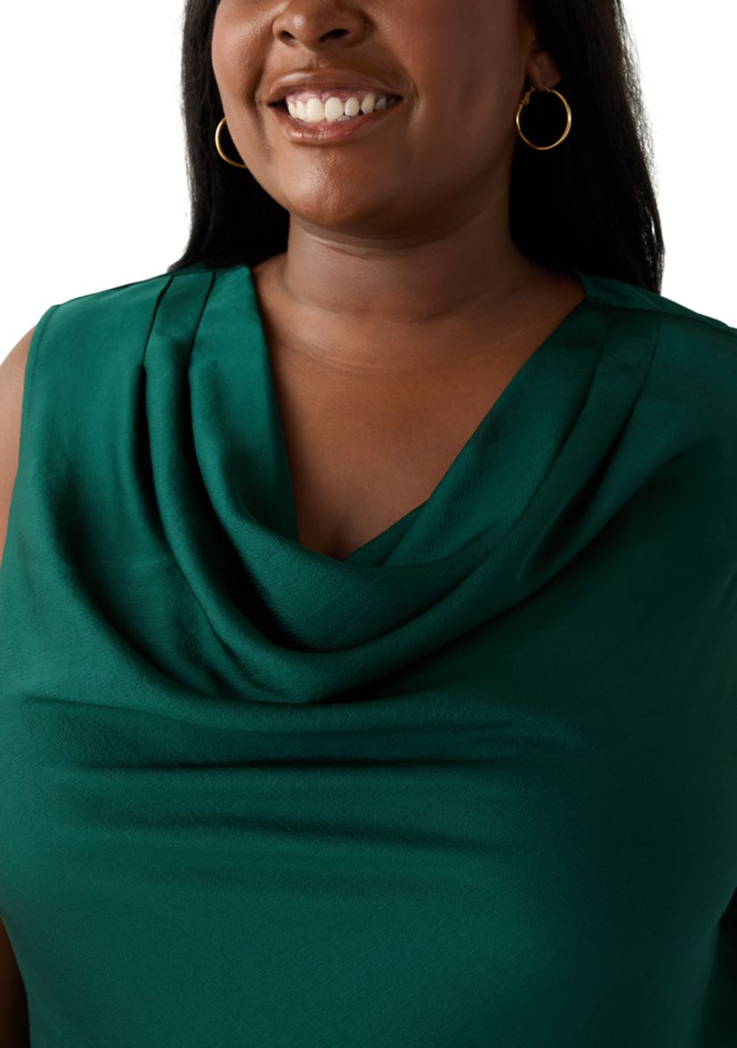 Plus Size Satin Sleeveless Drape Neck Blouse 