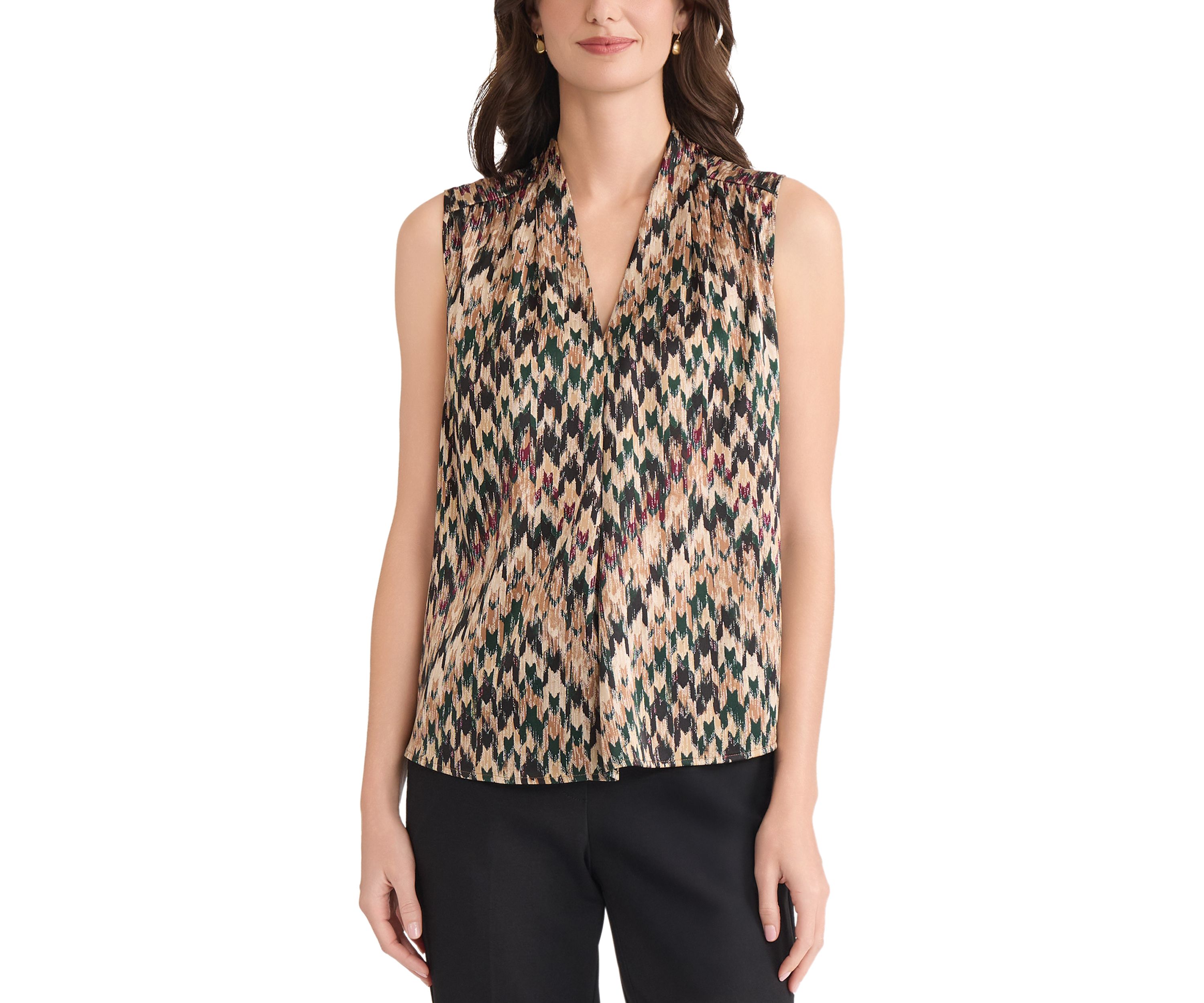 Womens Houndstooth Print Sleeveless V-Neck Blouse 