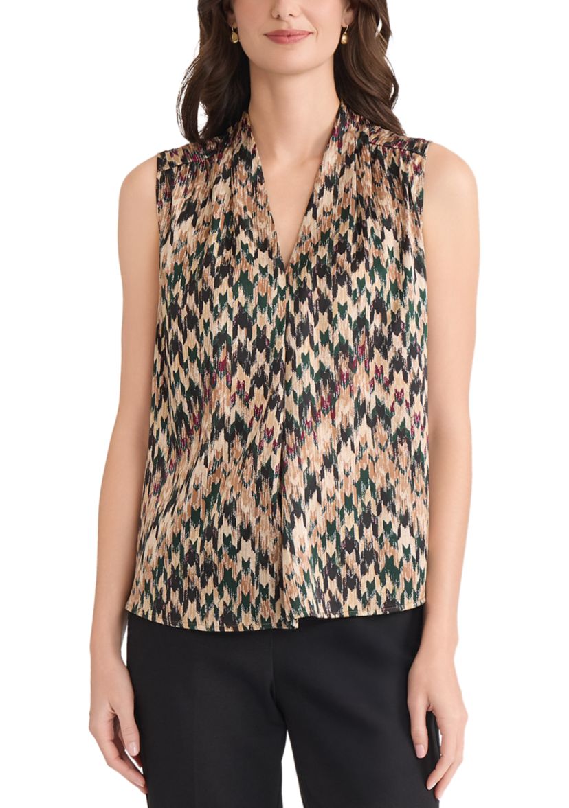 Womens Houndstooth Print Sleeveless V-Neck Blouse 