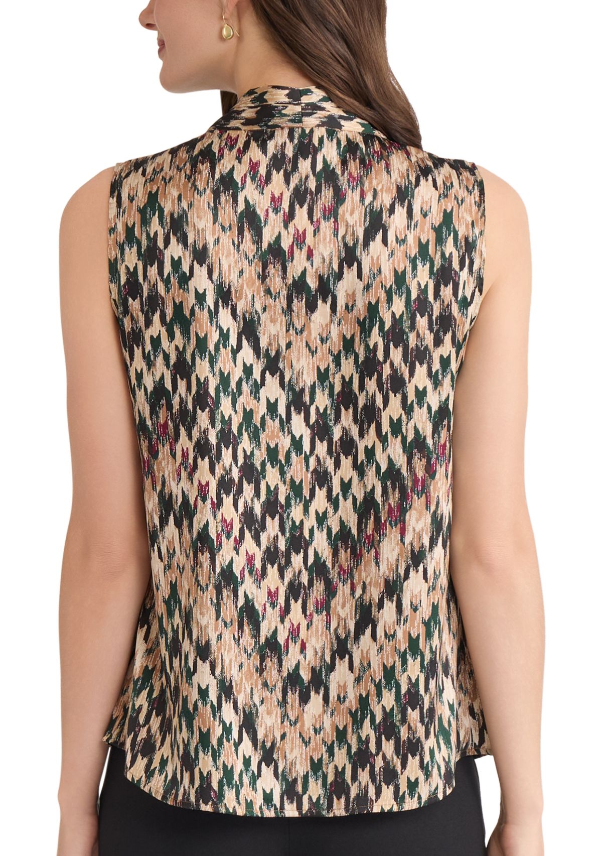 Womens Houndstooth Print Sleeveless V-Neck Blouse 