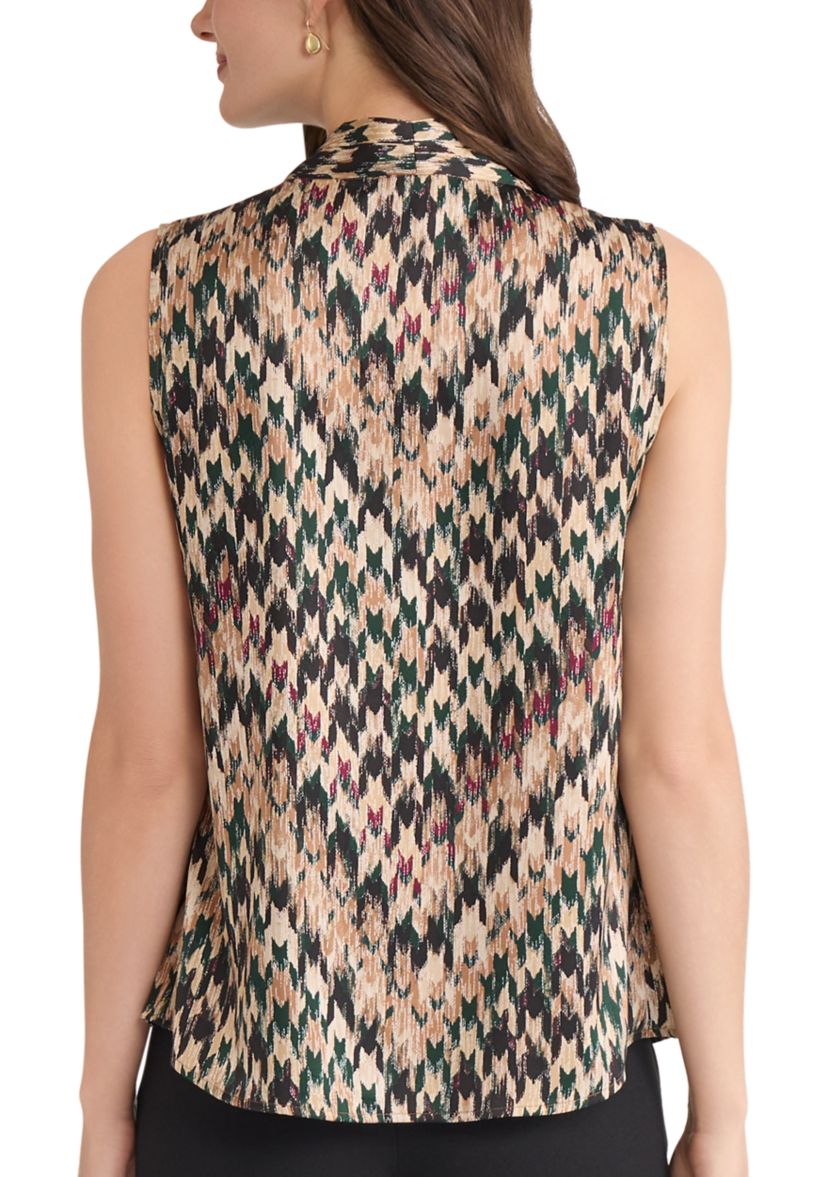 Womens Houndstooth Print Sleeveless V-Neck Blouse 