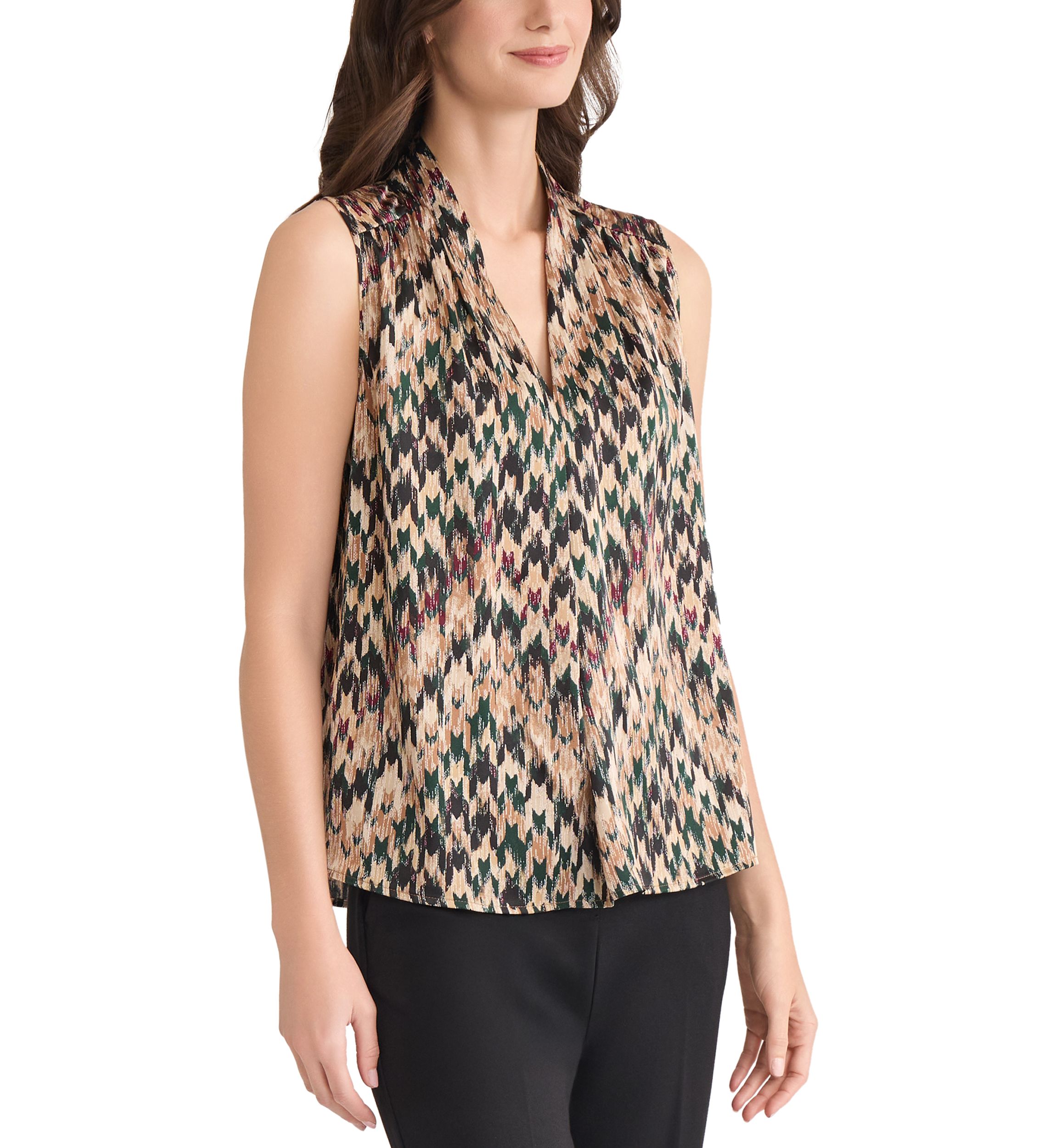 Womens Houndstooth Print Sleeveless V-Neck Blouse 