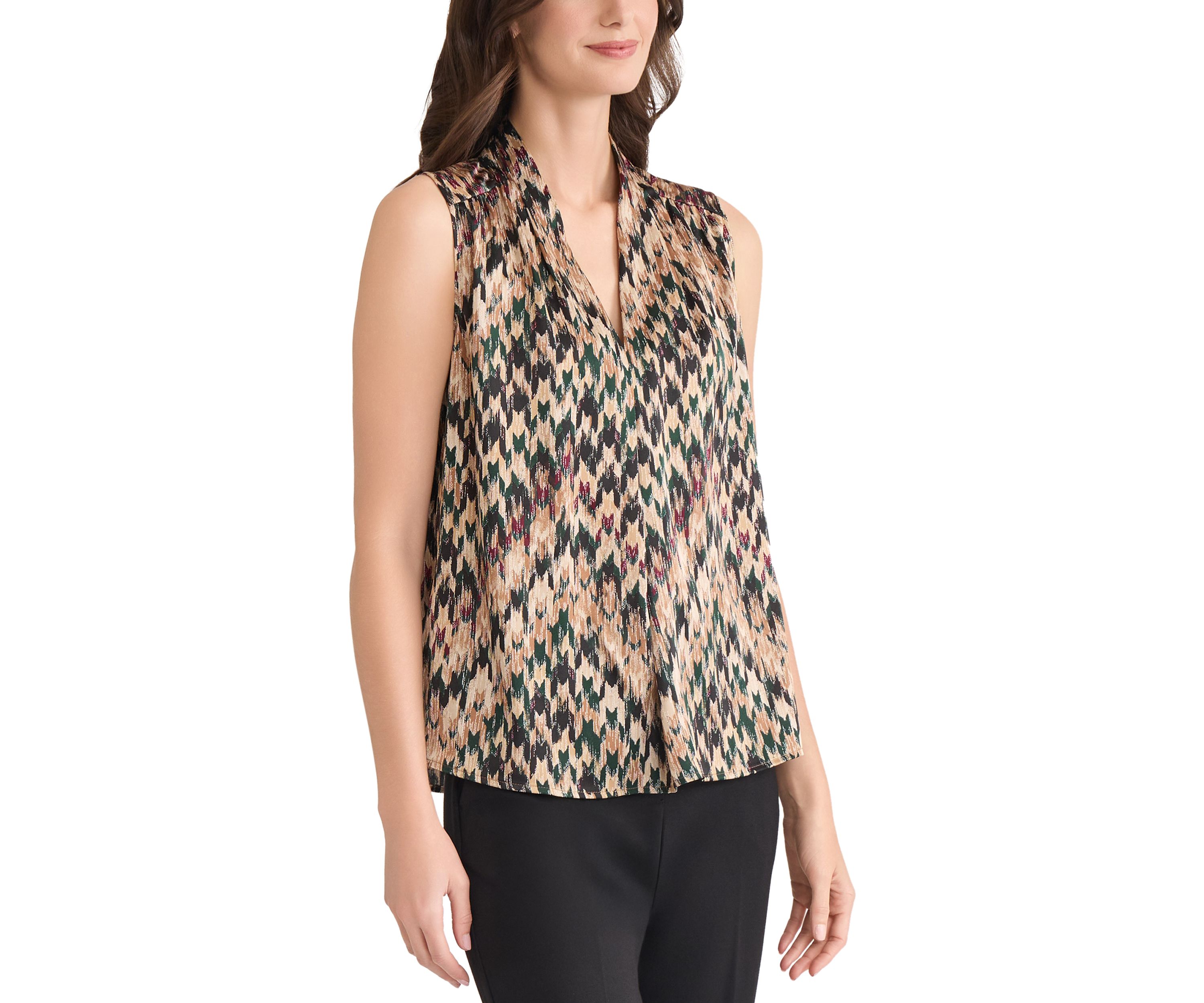 Womens Houndstooth Print Sleeveless V-Neck Blouse 