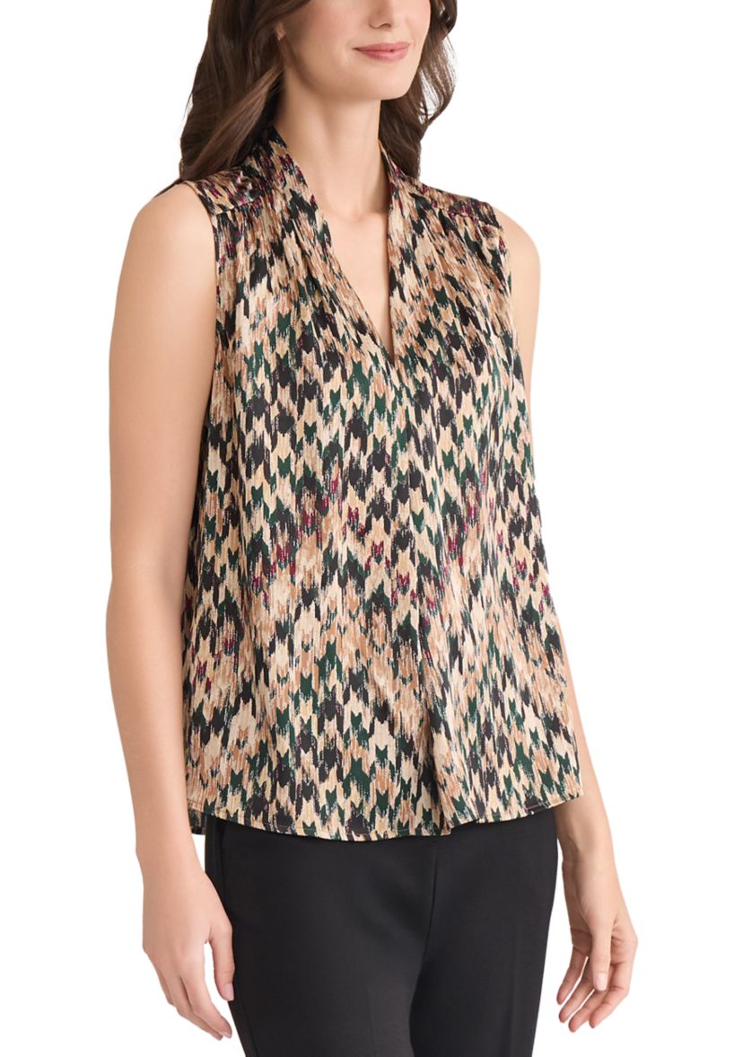 Womens Houndstooth Print Sleeveless V-Neck Blouse 