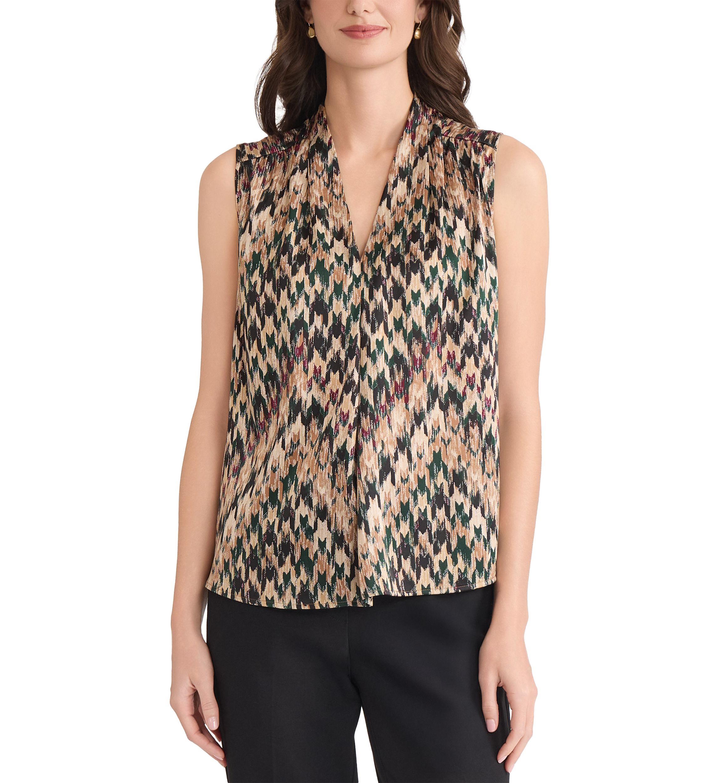 Petite Houndstooth Print Sleeveless V-Neck Blouse 