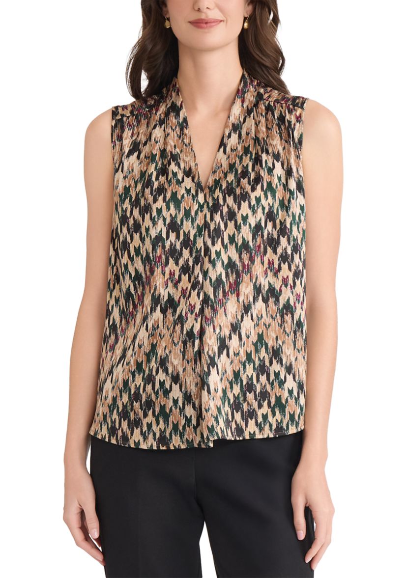 Petite Houndstooth Print Sleeveless V-Neck Blouse 