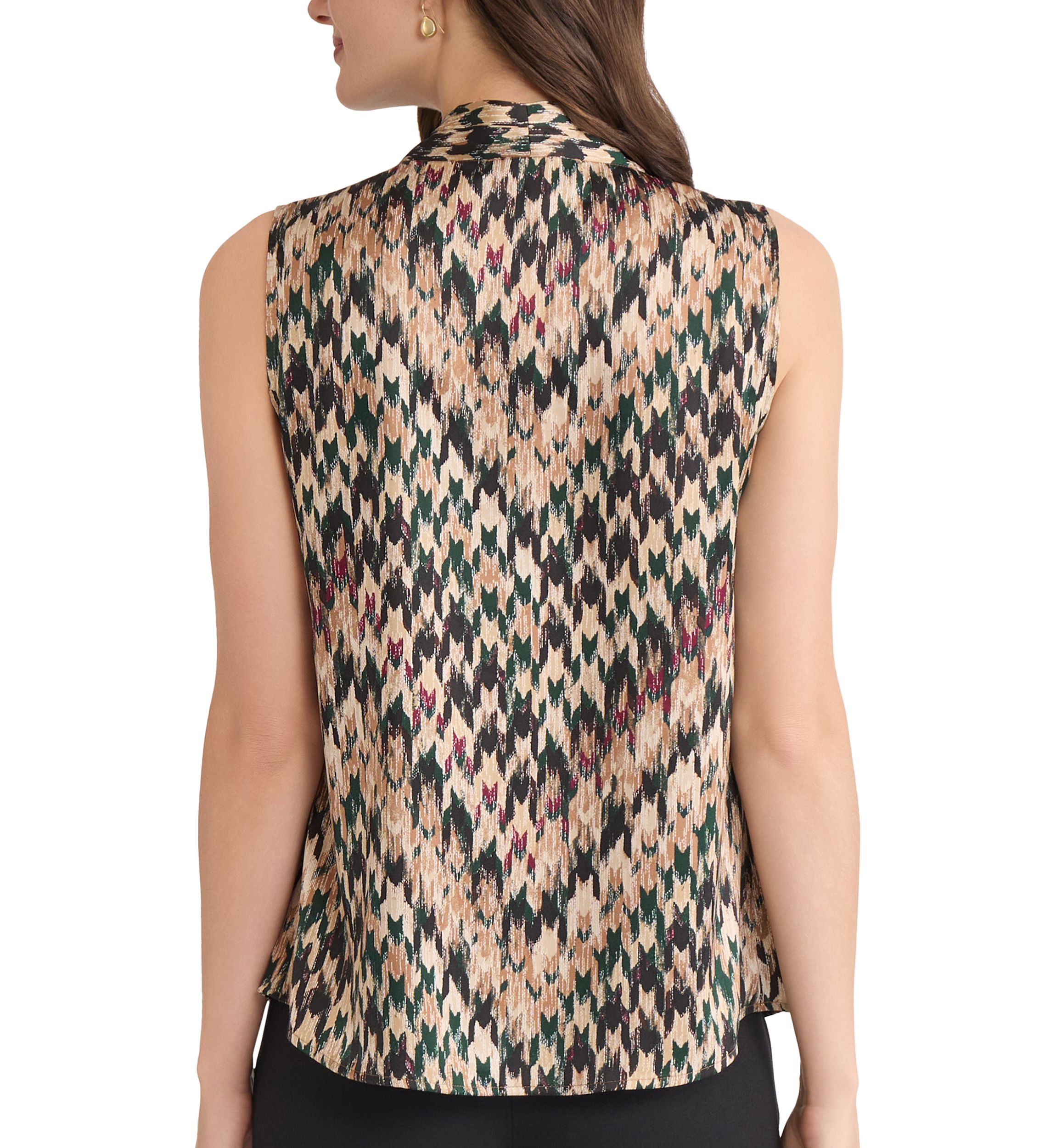 Petite Houndstooth Print Sleeveless V-Neck Blouse 