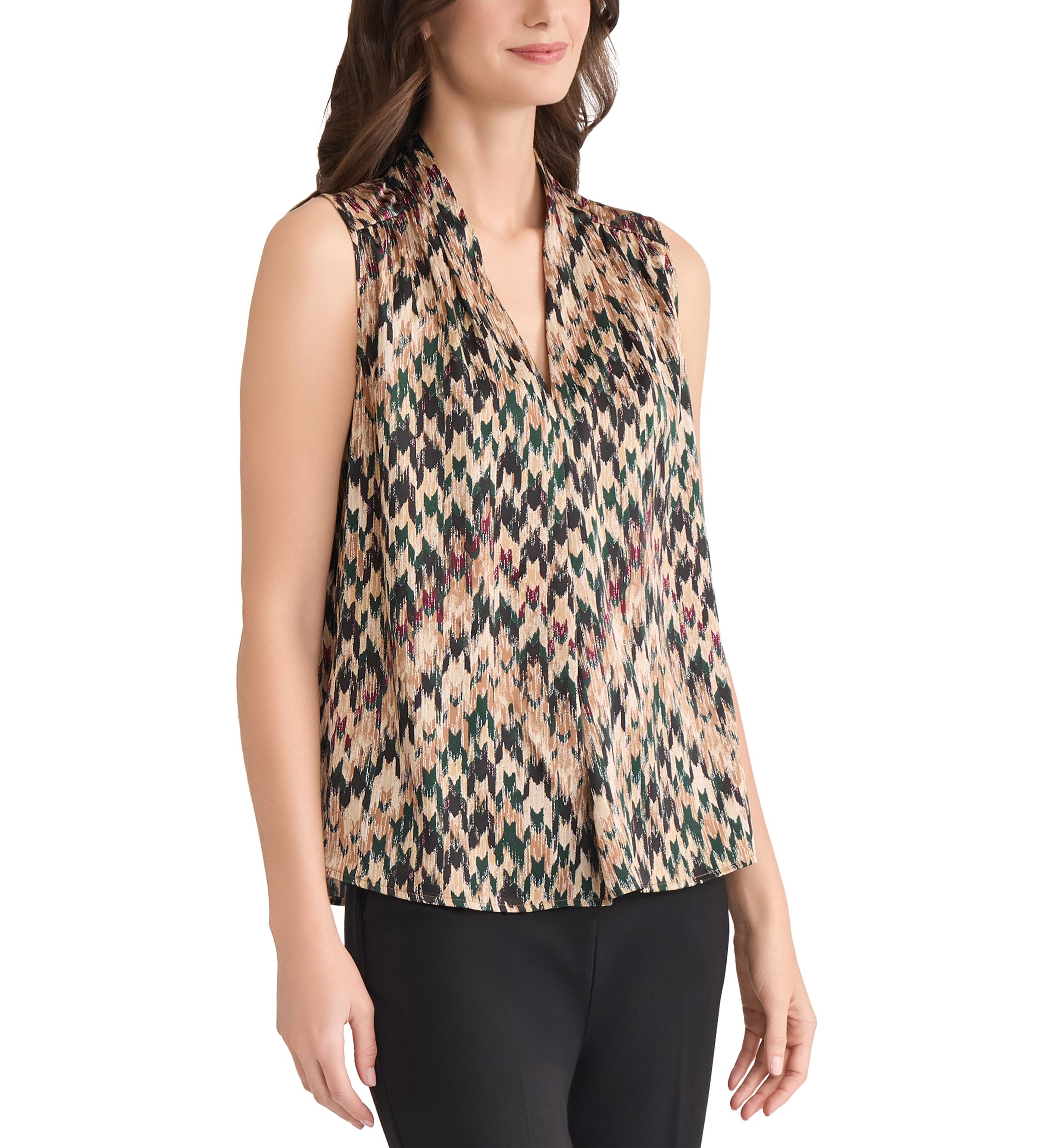 Petite Houndstooth Print Sleeveless V-Neck Blouse 