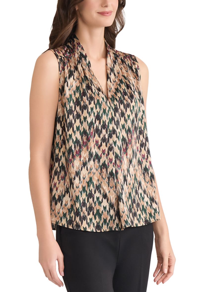 Petite Houndstooth Print Sleeveless V-Neck Blouse 